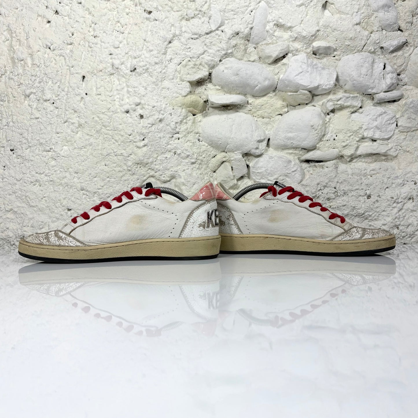 Golden goose Ballstar bianche con stella a paillettes argento e talloncini rosa a squame 37