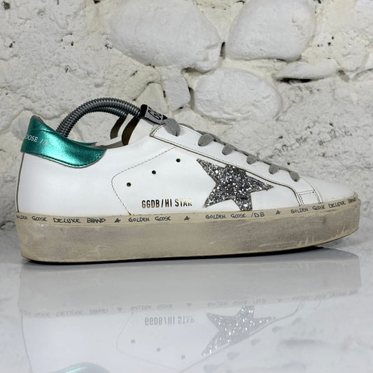 Golden goose Hi Star bianche con talloncini verde smeraldo e stella glitter 39