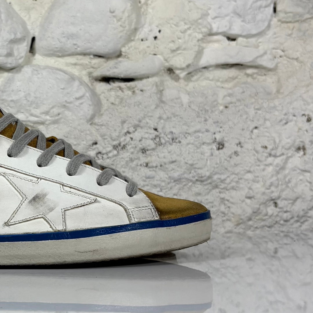 Golden goose Superstar bianche con linguetta marrone chiaro e linea blu sulla fascia della suola 39