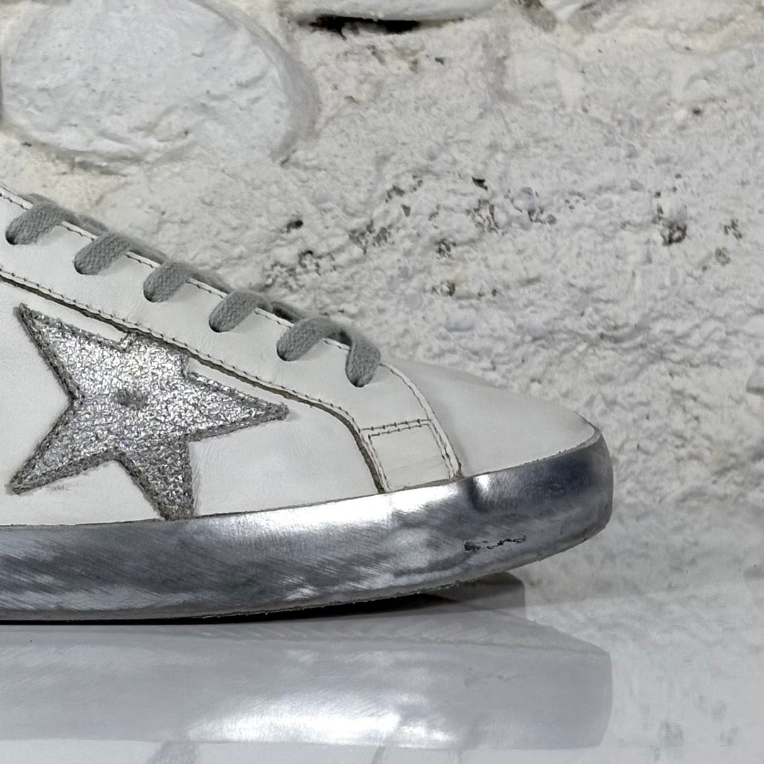 Golden goose Superstar bianche con stella, talloncini e fascia-suole argento 42