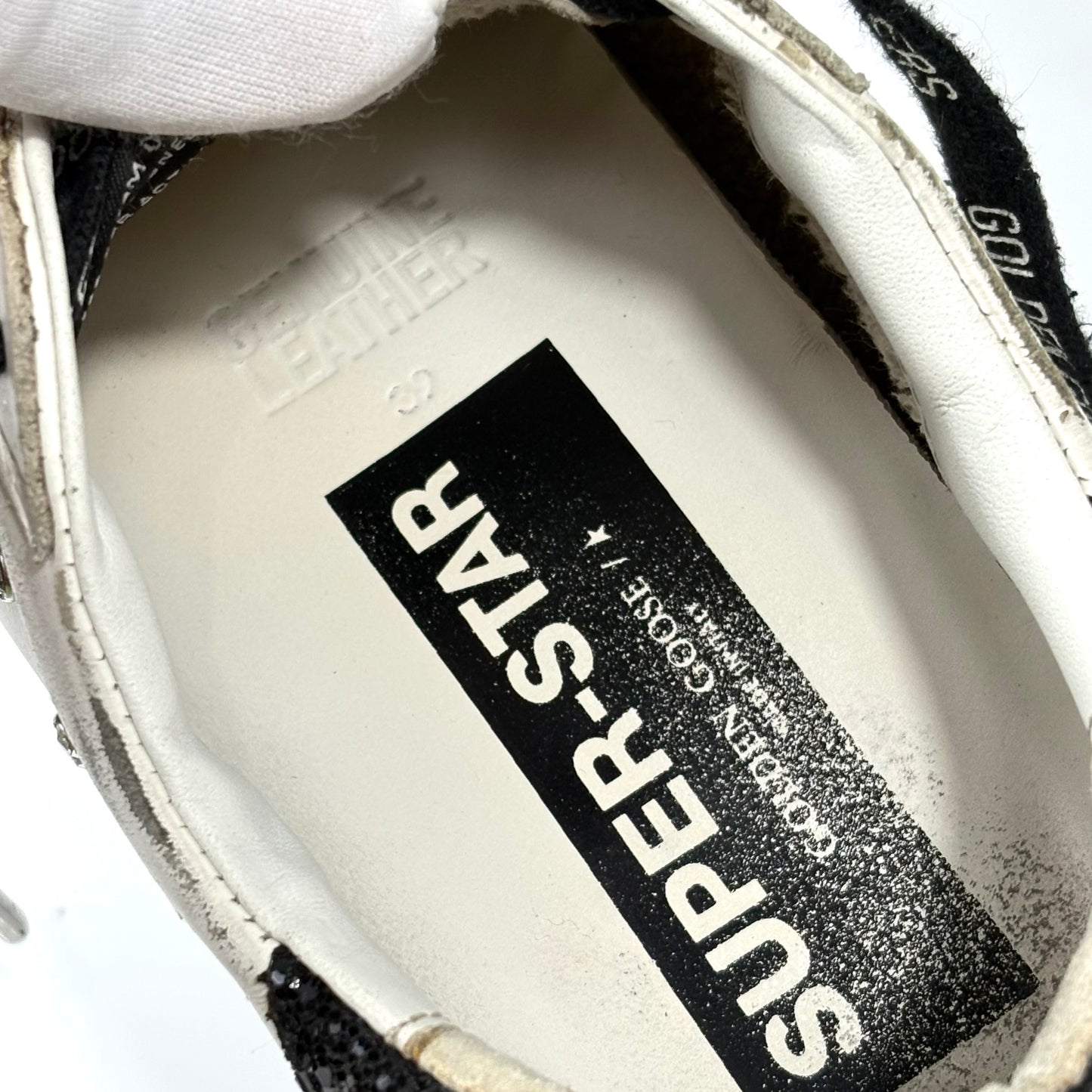 Golden goose Superstar bianche con disegni e diamantini, talloncini e stella neri brillantinati 39