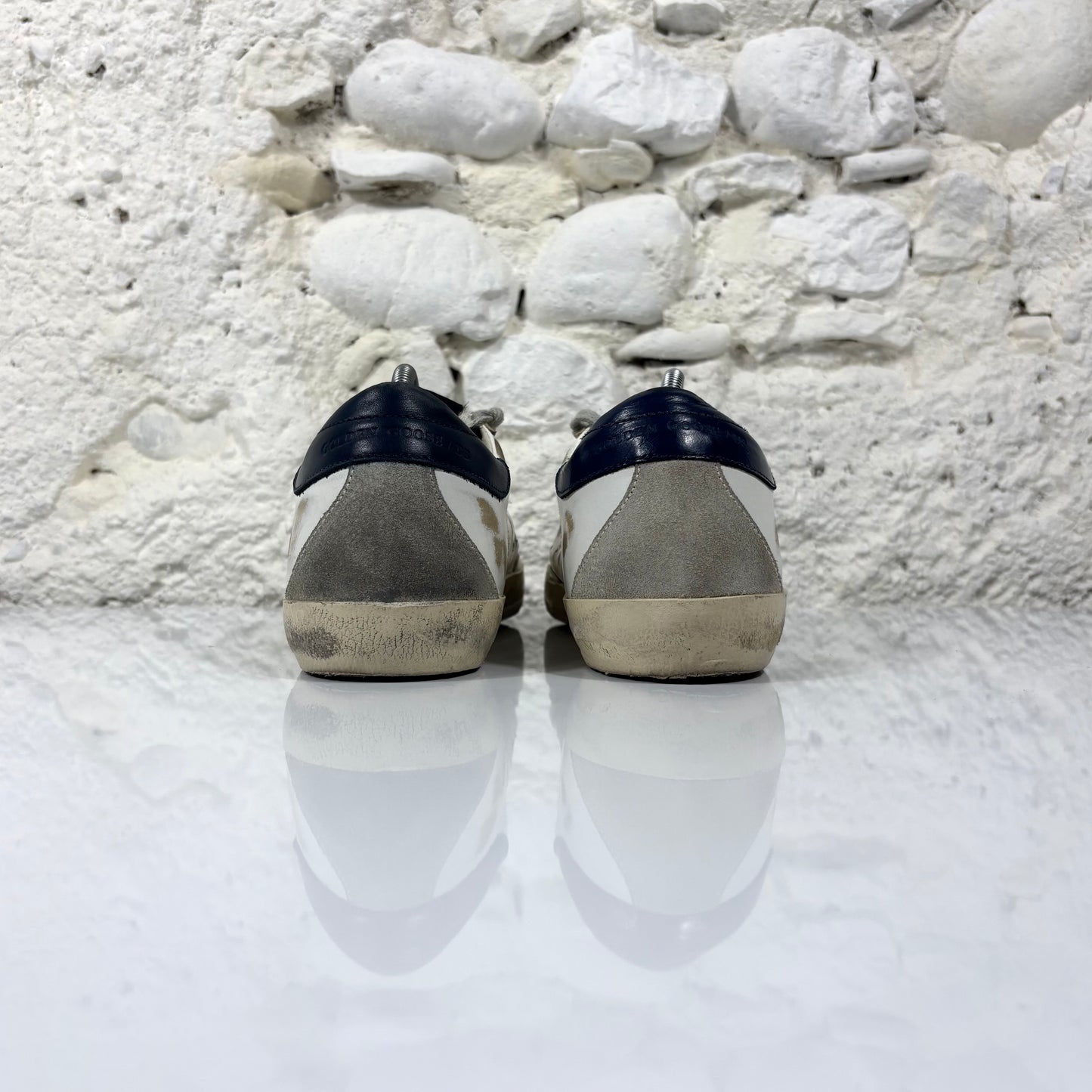 Golden goose Superstar bianche con stella grigia, talloncini blu scuro e linguetta motivo "zebrato" 39