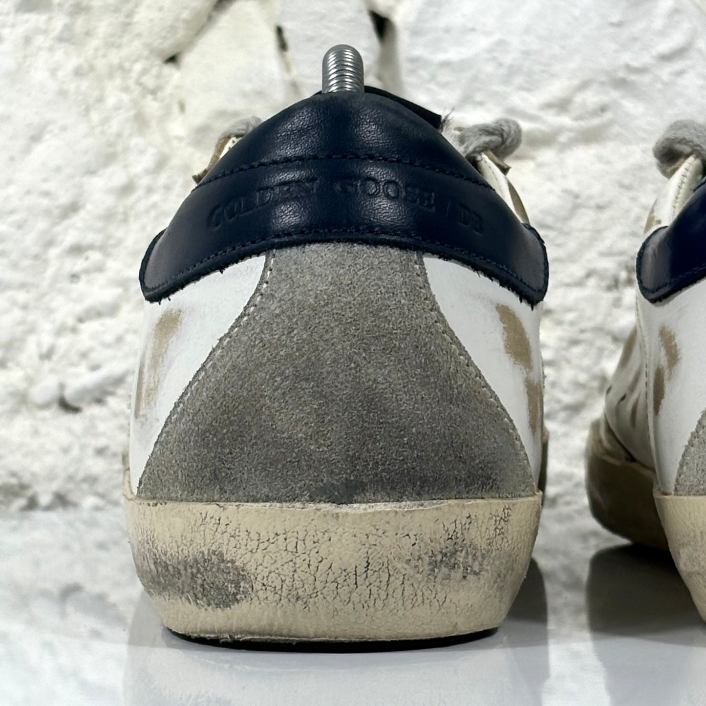 Golden goose Superstar bianche con stella grigia, talloncini blu scuro e linguetta motivo "zebrato" 39