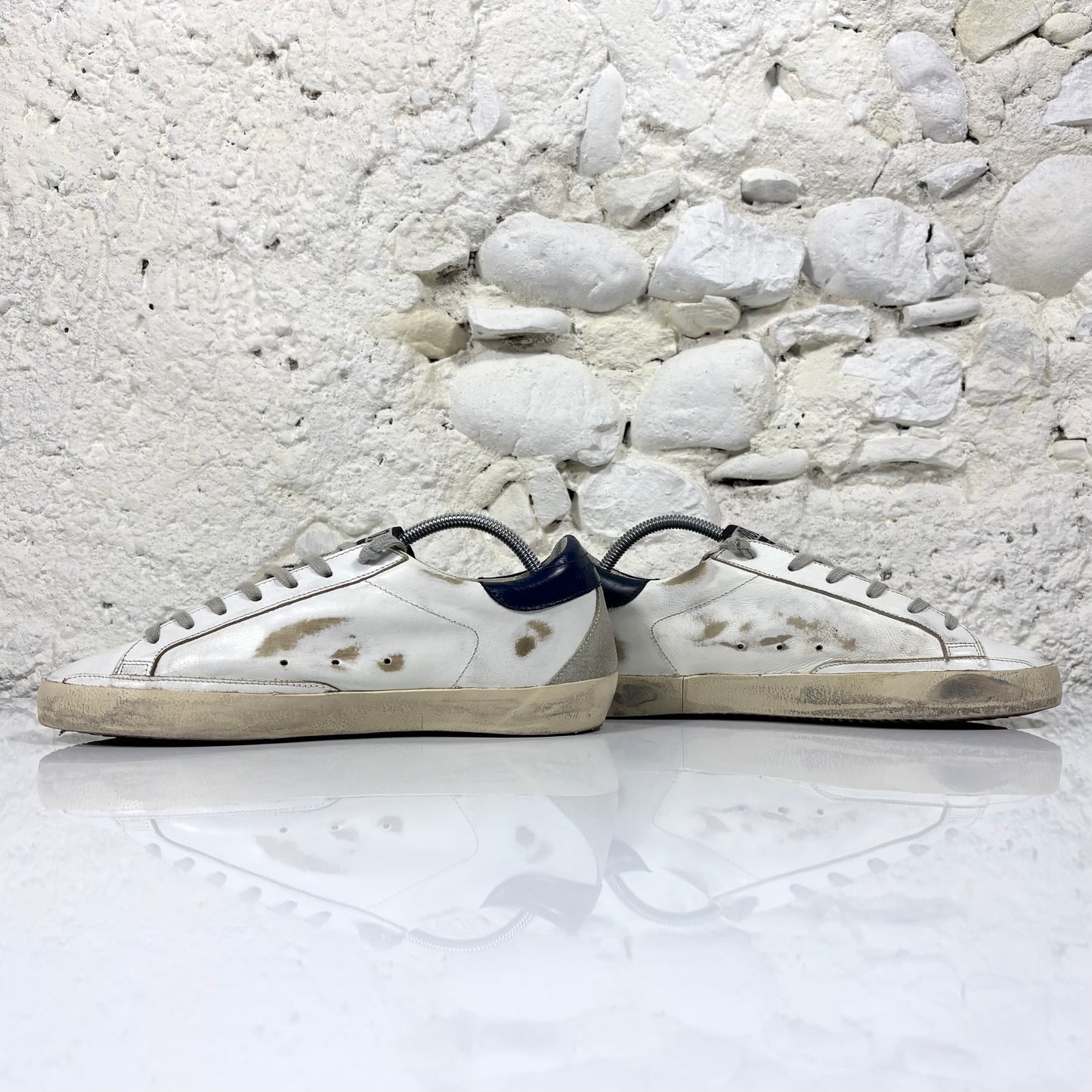 Golden goose Superstar bianche con stella grigia, talloncini blu scuro e linguetta motivo "zebrato" 39