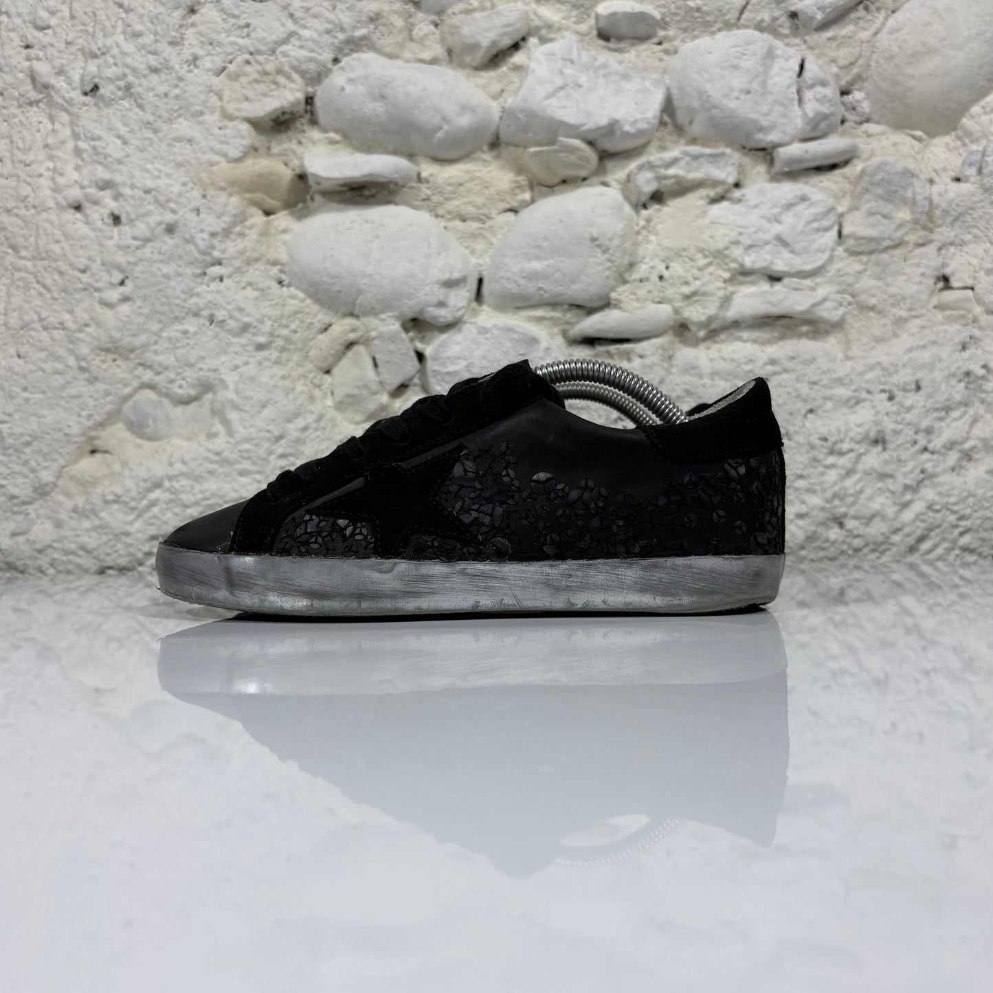 Golden goose Superstar nere con fantasia , fascia argento 36