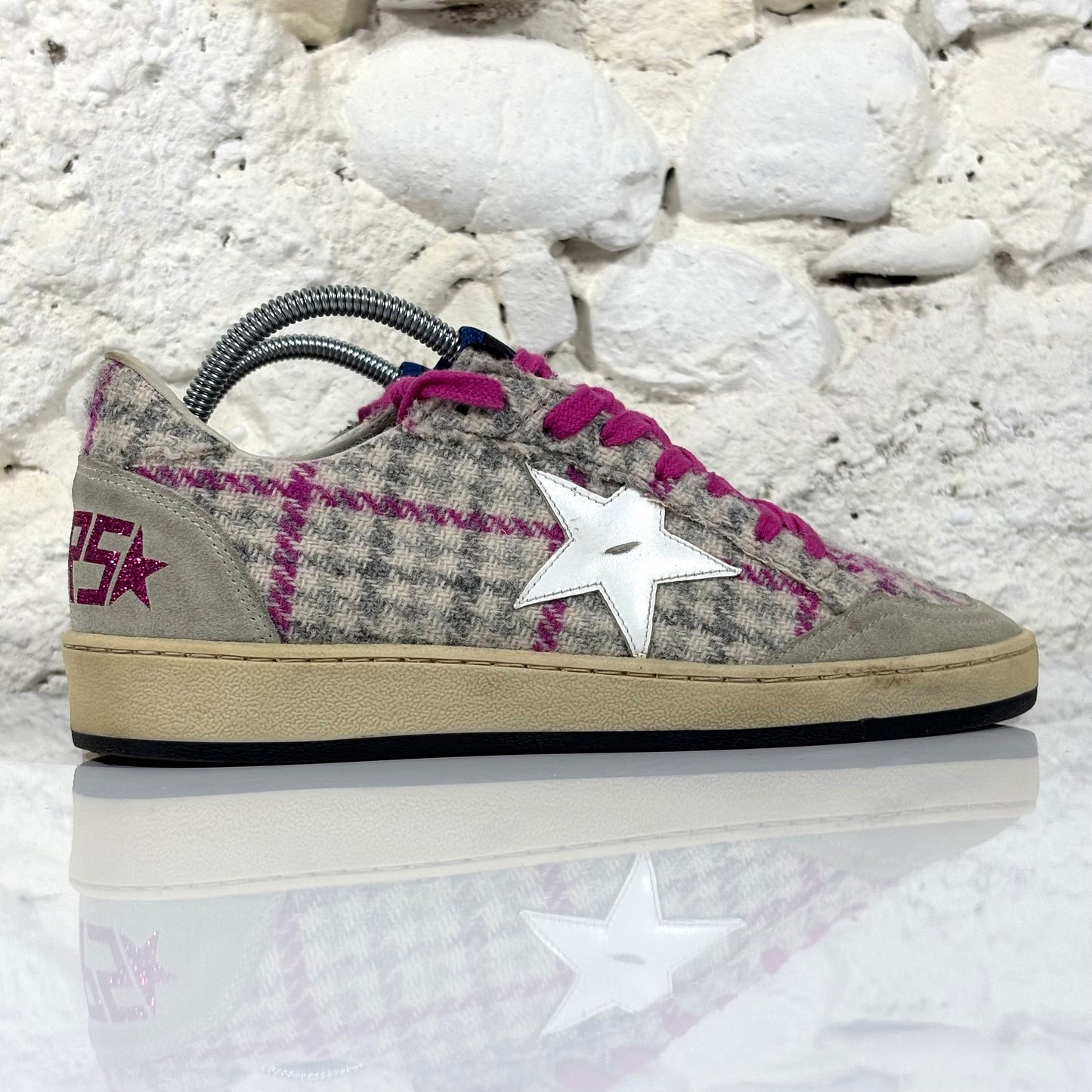 Golden goose Ballstar in trama a quadri grigio e magenta con stella bianca 38