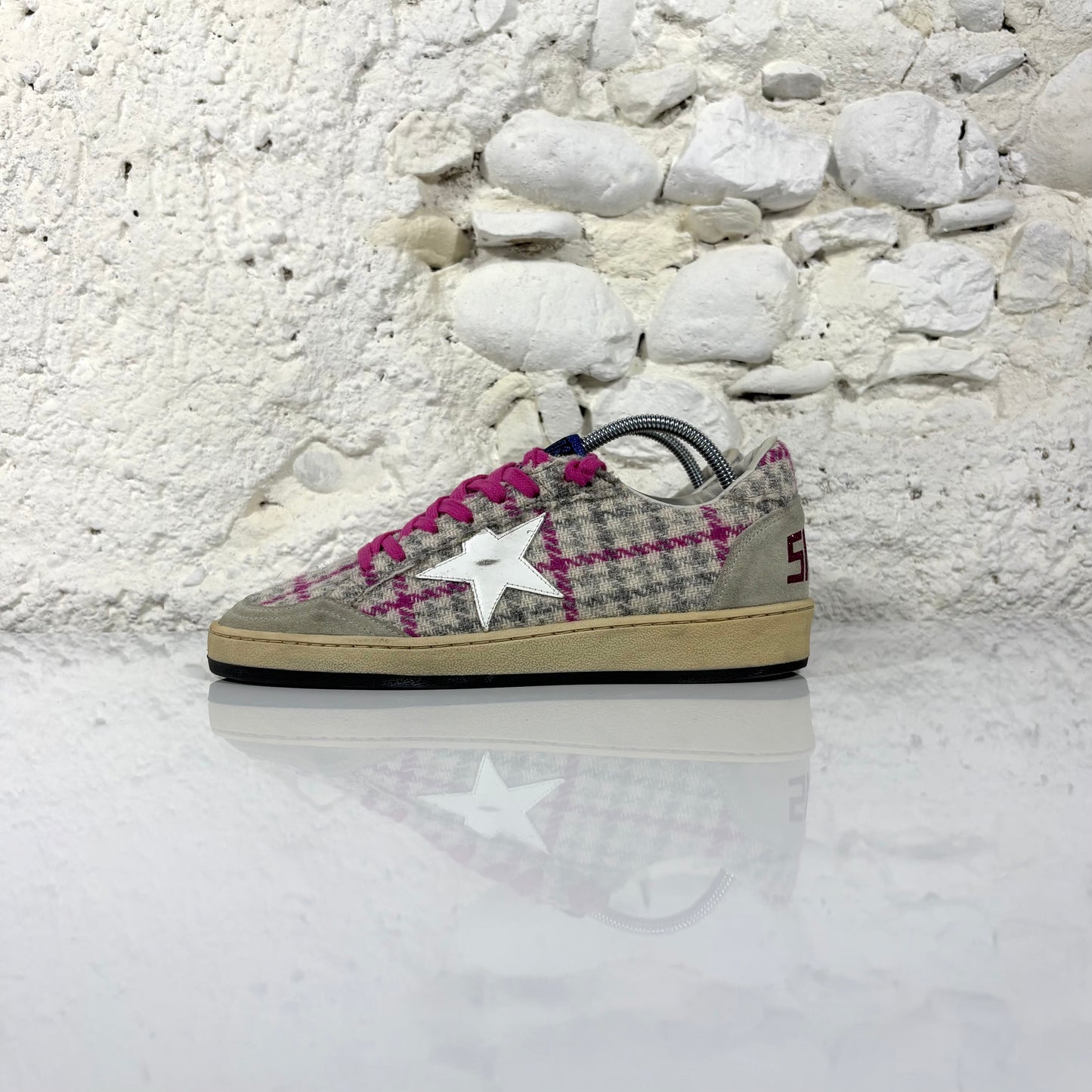 Golden goose Ballstar in trama a quadri grigio e magenta con stella bianca 38