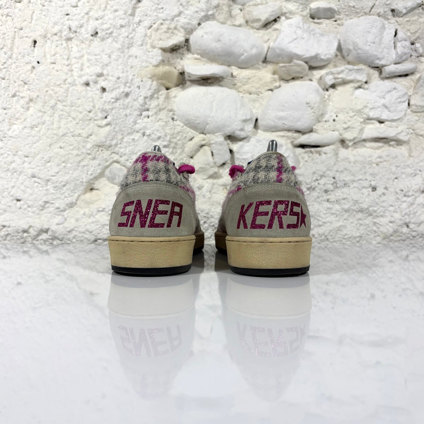 Golden goose Ballstar in trama a quadri grigio e magenta con stella bianca 38