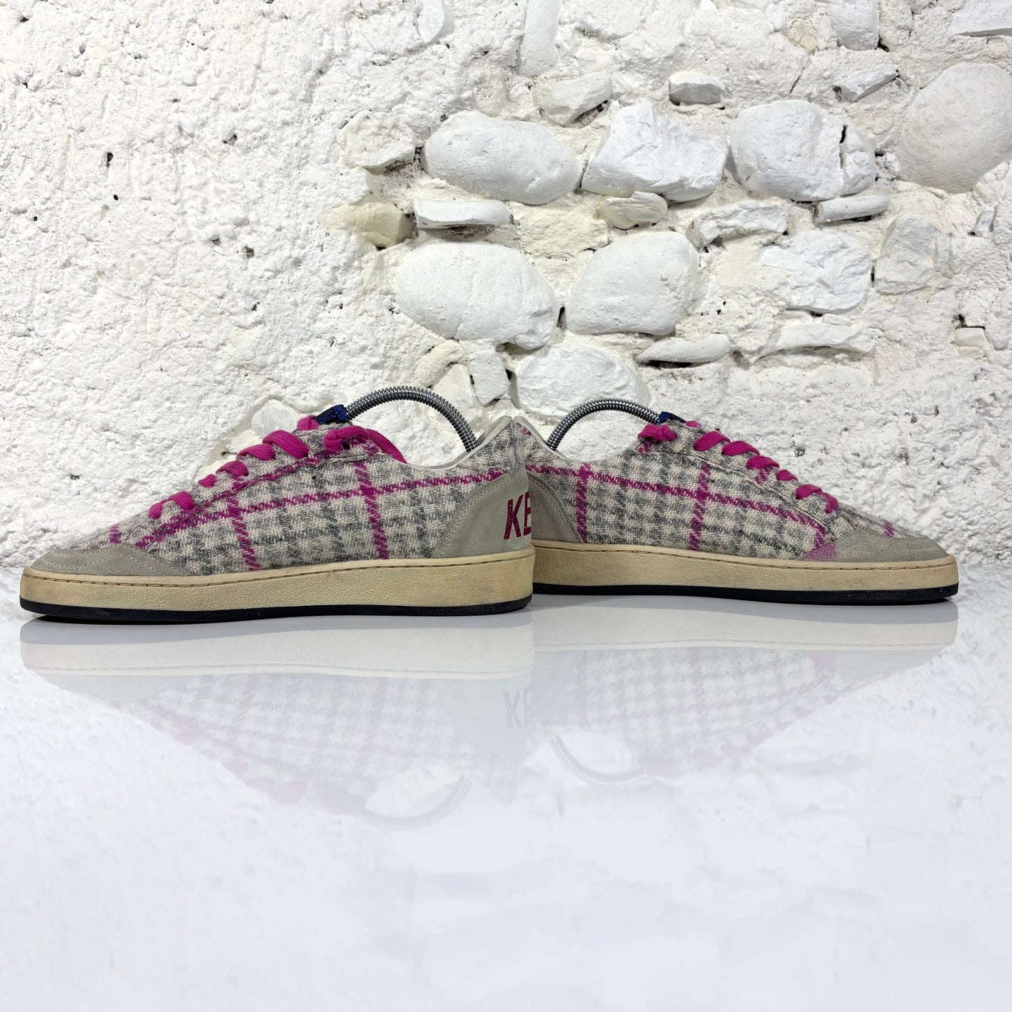 Golden goose Ballstar in trama a quadri grigio e magenta con stella bianca 38