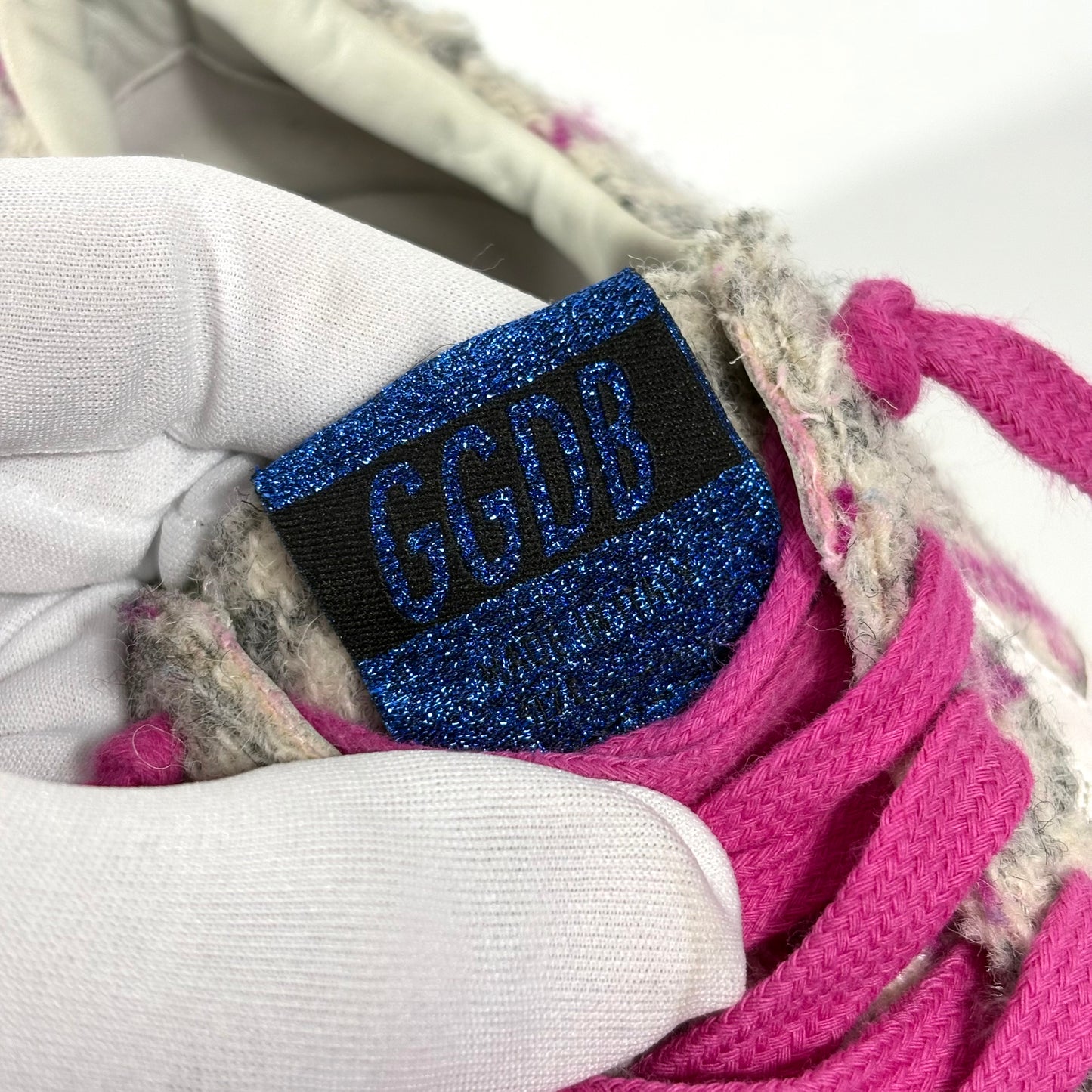Golden goose Ballstar in trama a quadri grigio e magenta con stella bianca 38