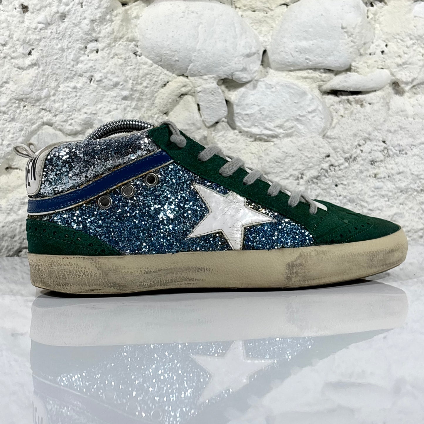Golden goose Midstar con glitter blu, argento con stella bianca e punta verde 39