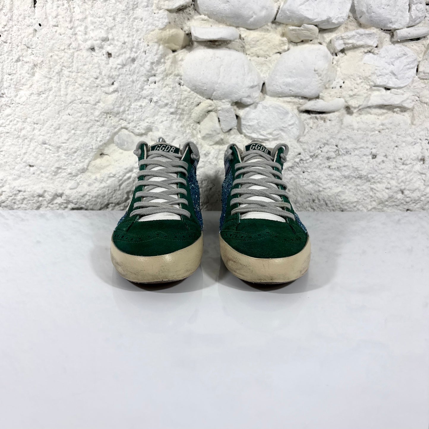 Golden goose Midstar con glitter blu, argento con stella bianca e punta verde 39