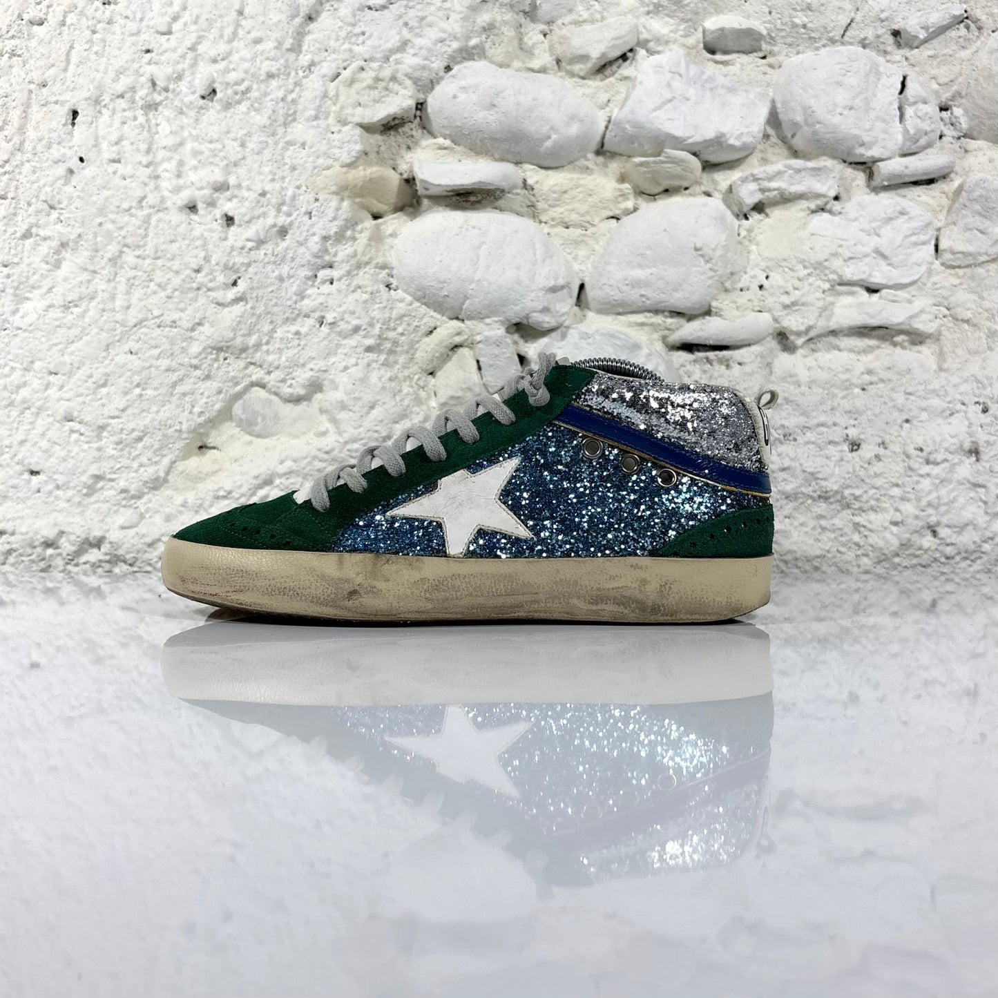 Golden goose Midstar con glitter blu, argento con stella bianca e punta verde 39