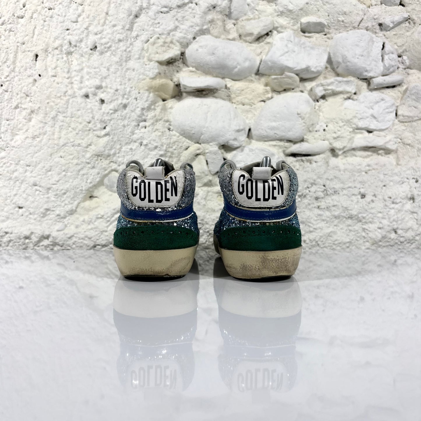 Golden goose Midstar con glitter blu, argento con stella bianca e punta verde 39