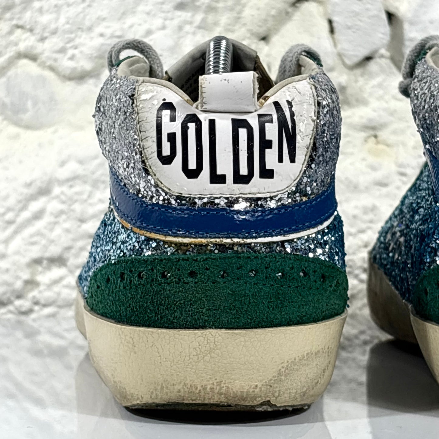Golden goose Midstar con glitter blu, argento con stella bianca e punta verde 39