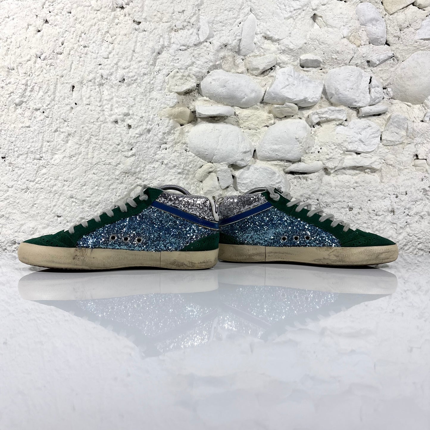 Golden goose Midstar con glitter blu, argento con stella bianca e punta verde 39
