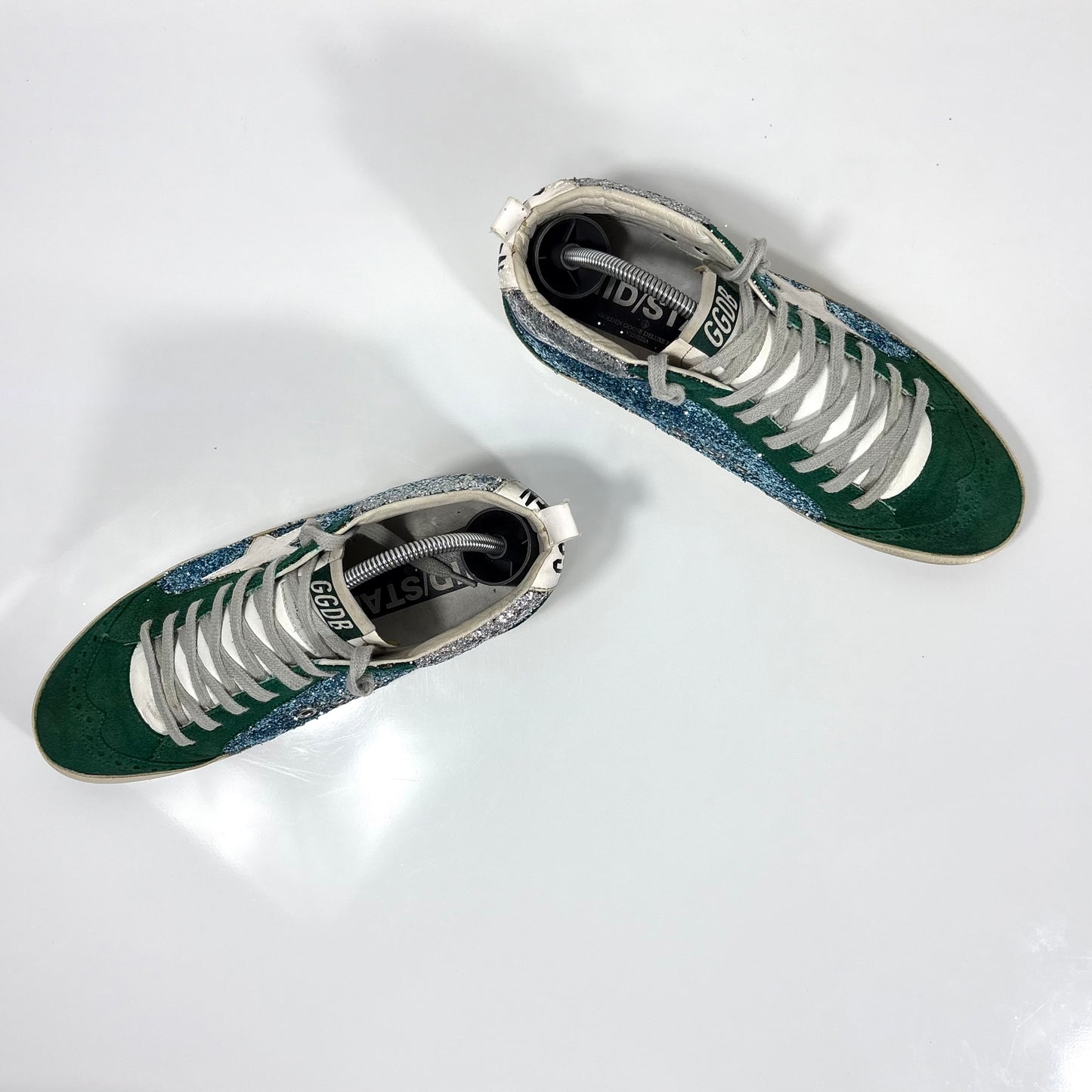Golden goose Midstar con glitter blu, argento con stella bianca e punta verde 39