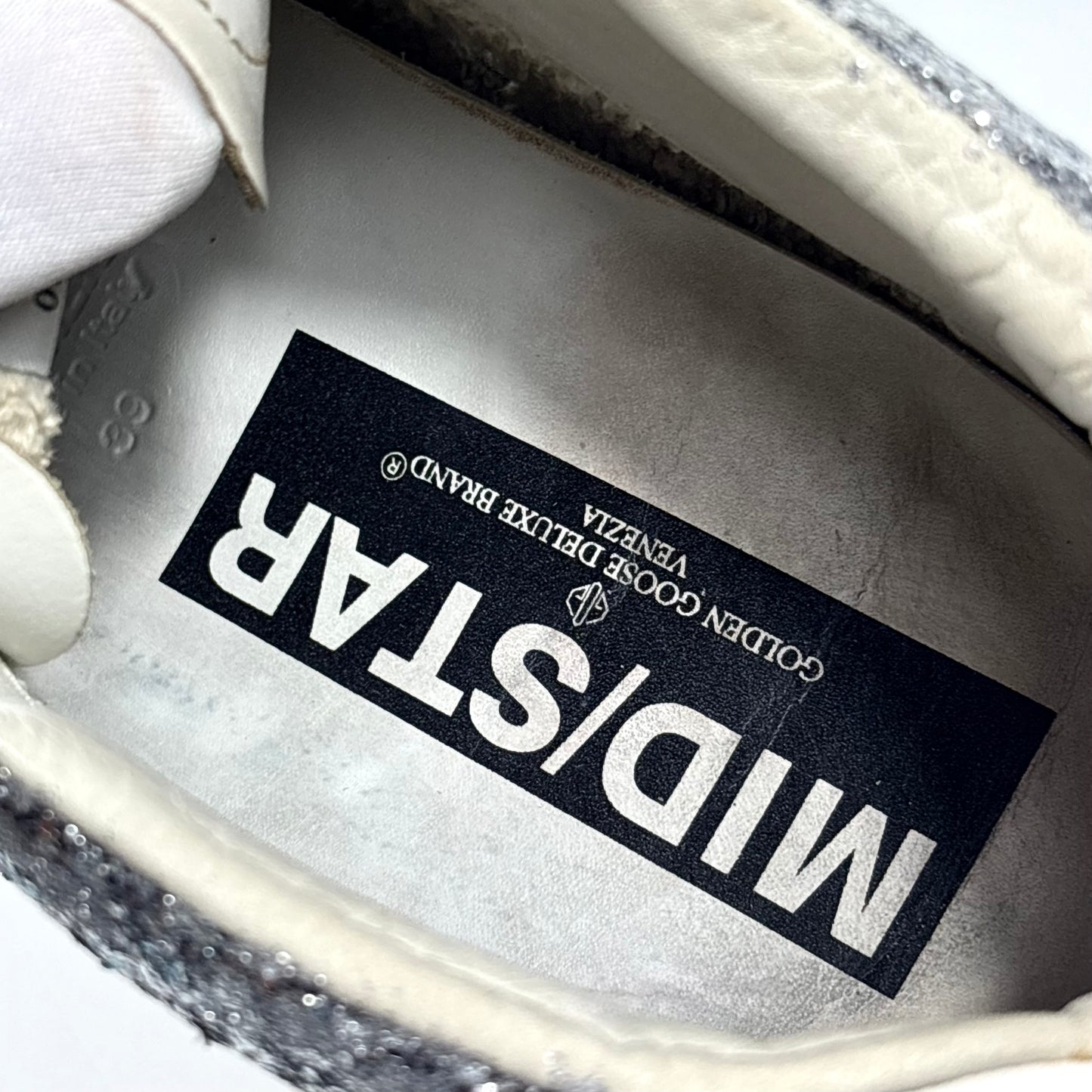 Golden goose Midstar con glitter blu, argento con stella bianca e punta verde 39