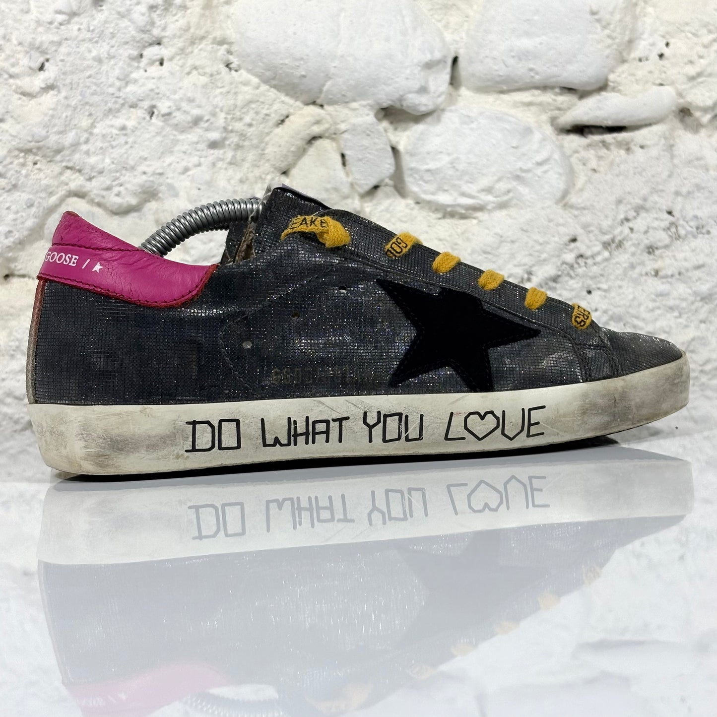 Golden goose Superstar grigio "glitter", stella nera e talloncini fucsia 37