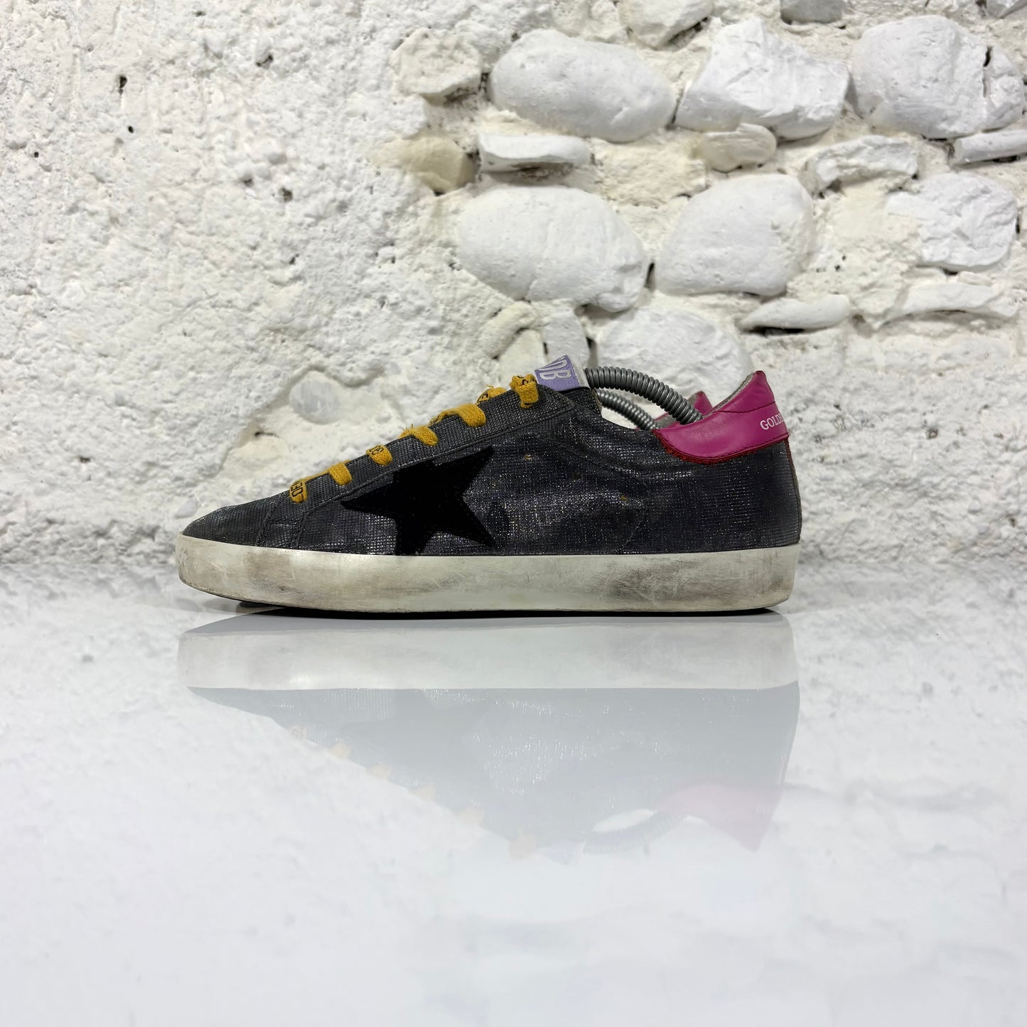 Golden goose Superstar grigio "glitter", stella nera e talloncini fucsia 37