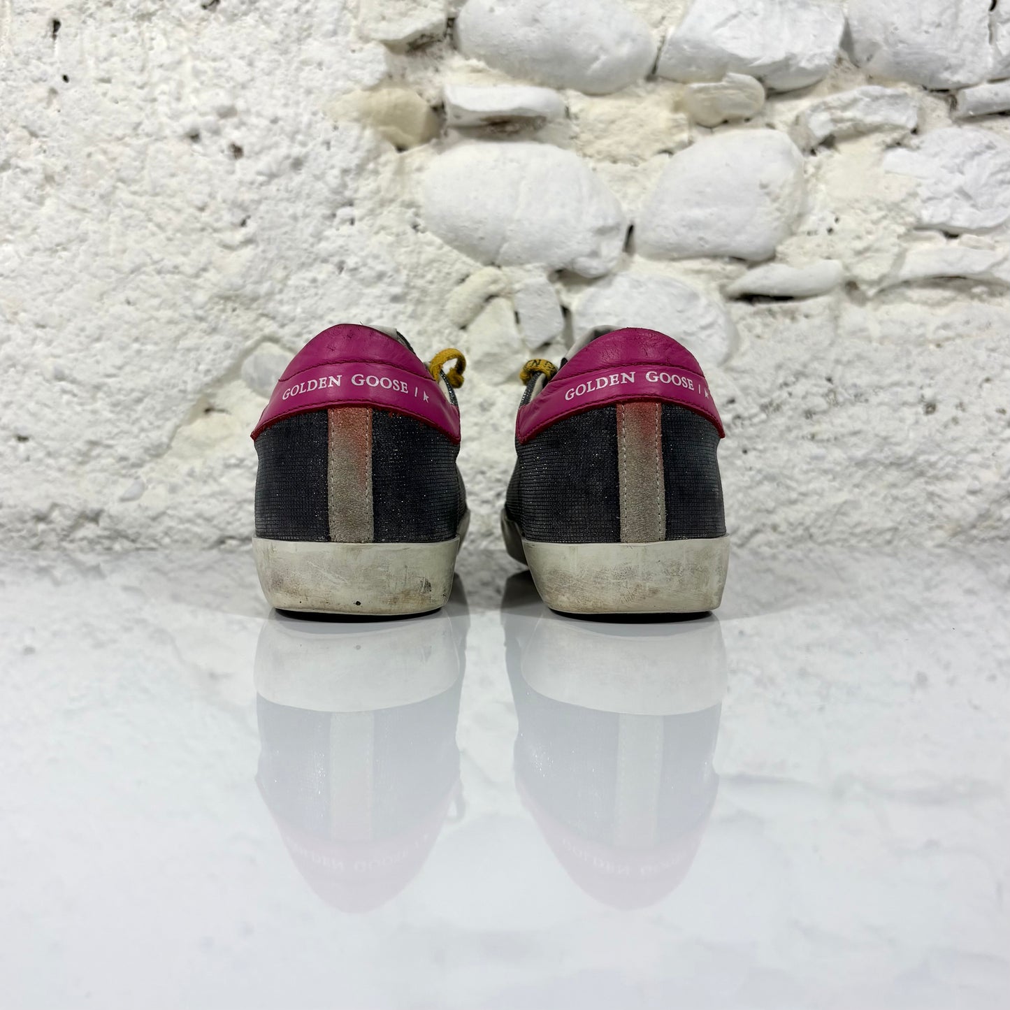 Golden goose Superstar grigio "glitter", stella nera e talloncini fucsia 37