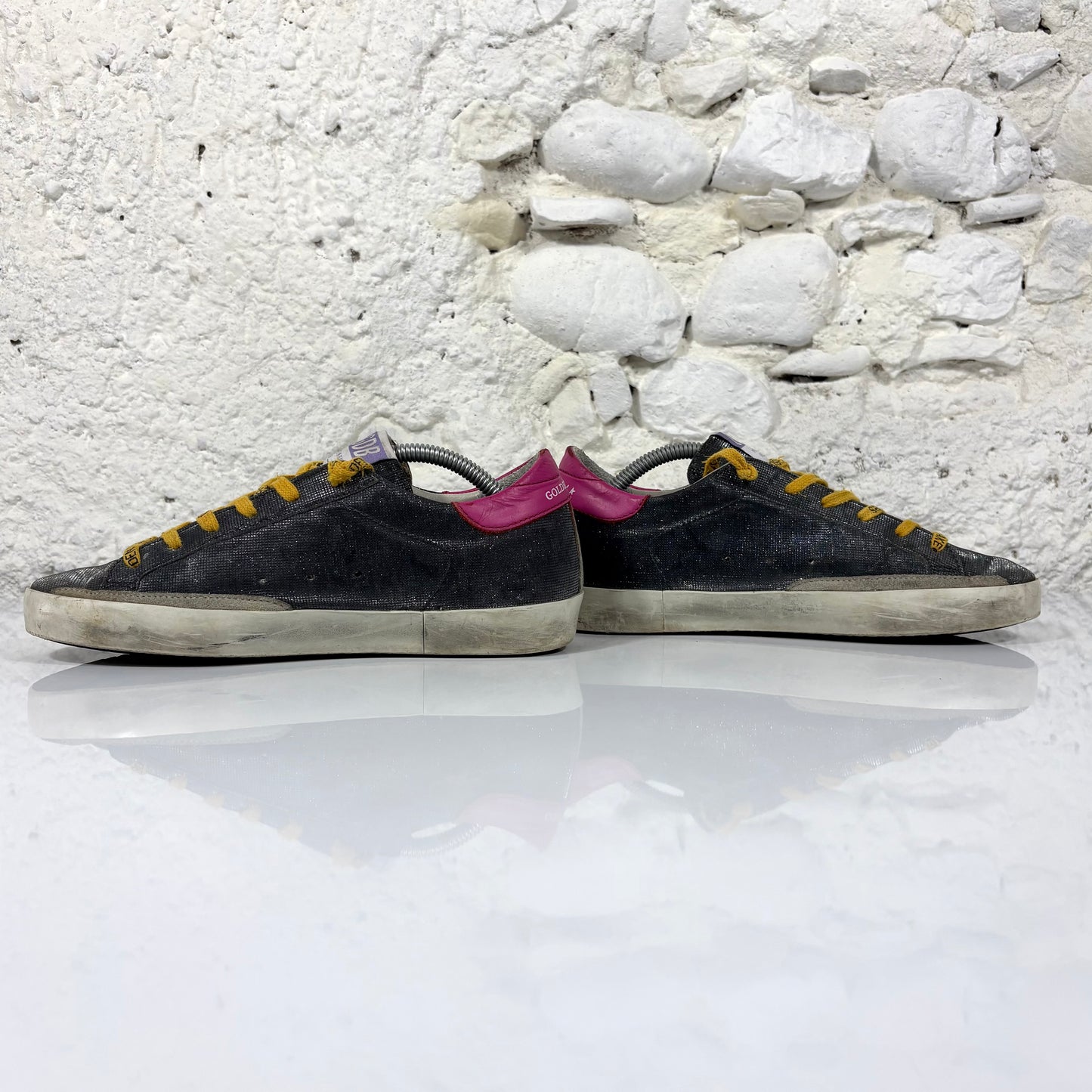 Golden goose Superstar grigio "glitter", stella nera e talloncini fucsia 37