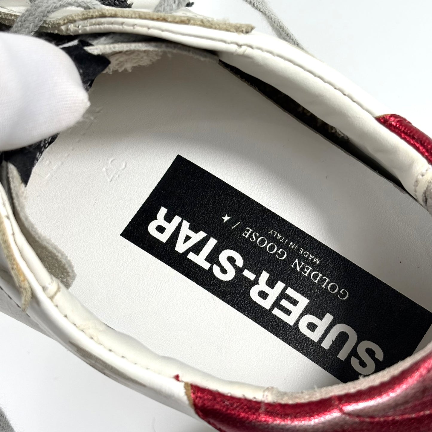 Golden goose Superstar bianche con stella nera brillantinata e talloncini rossi 40