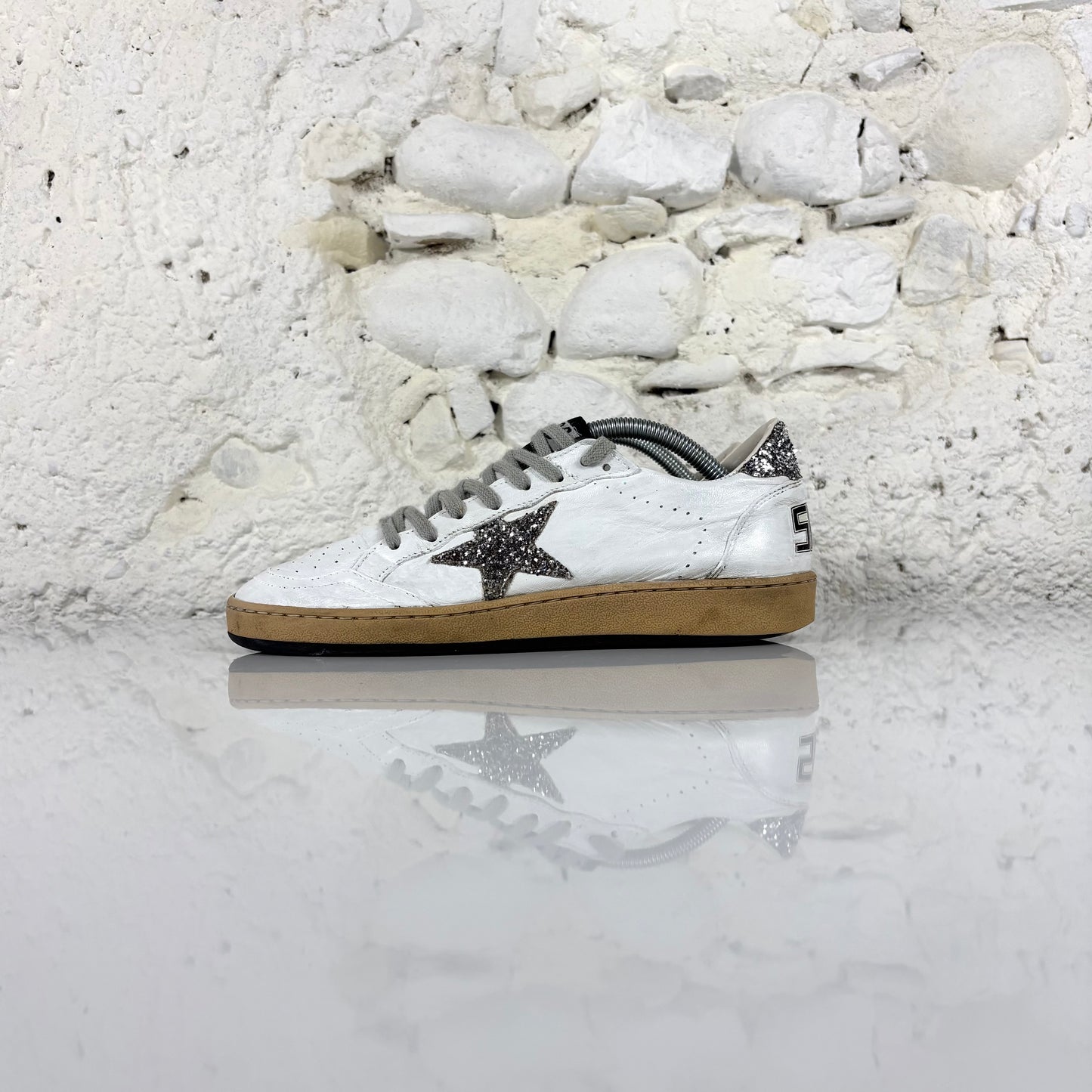 Golden goose Ballstar bianche con stella e talloncini argento con paillettes 38