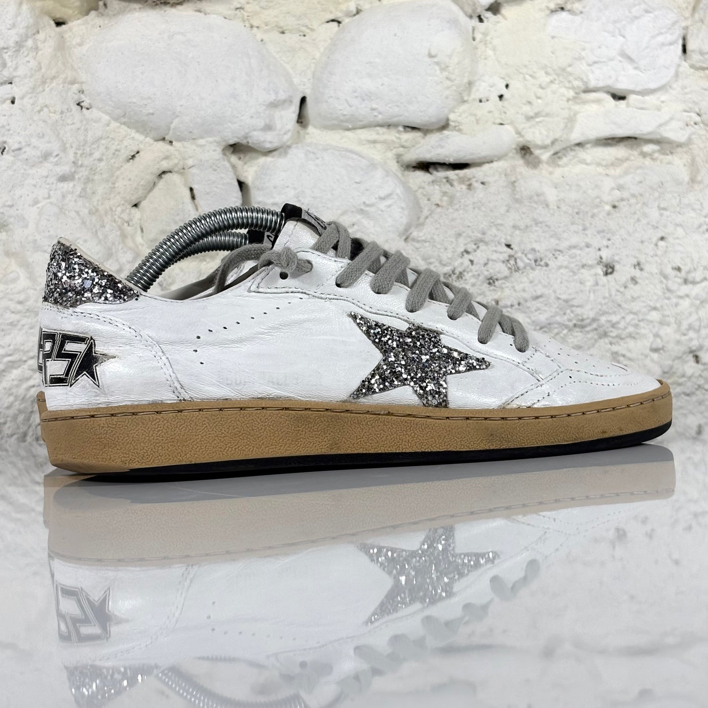 Golden goose Ballstar bianche con stella e talloncini argento con paillettes 38