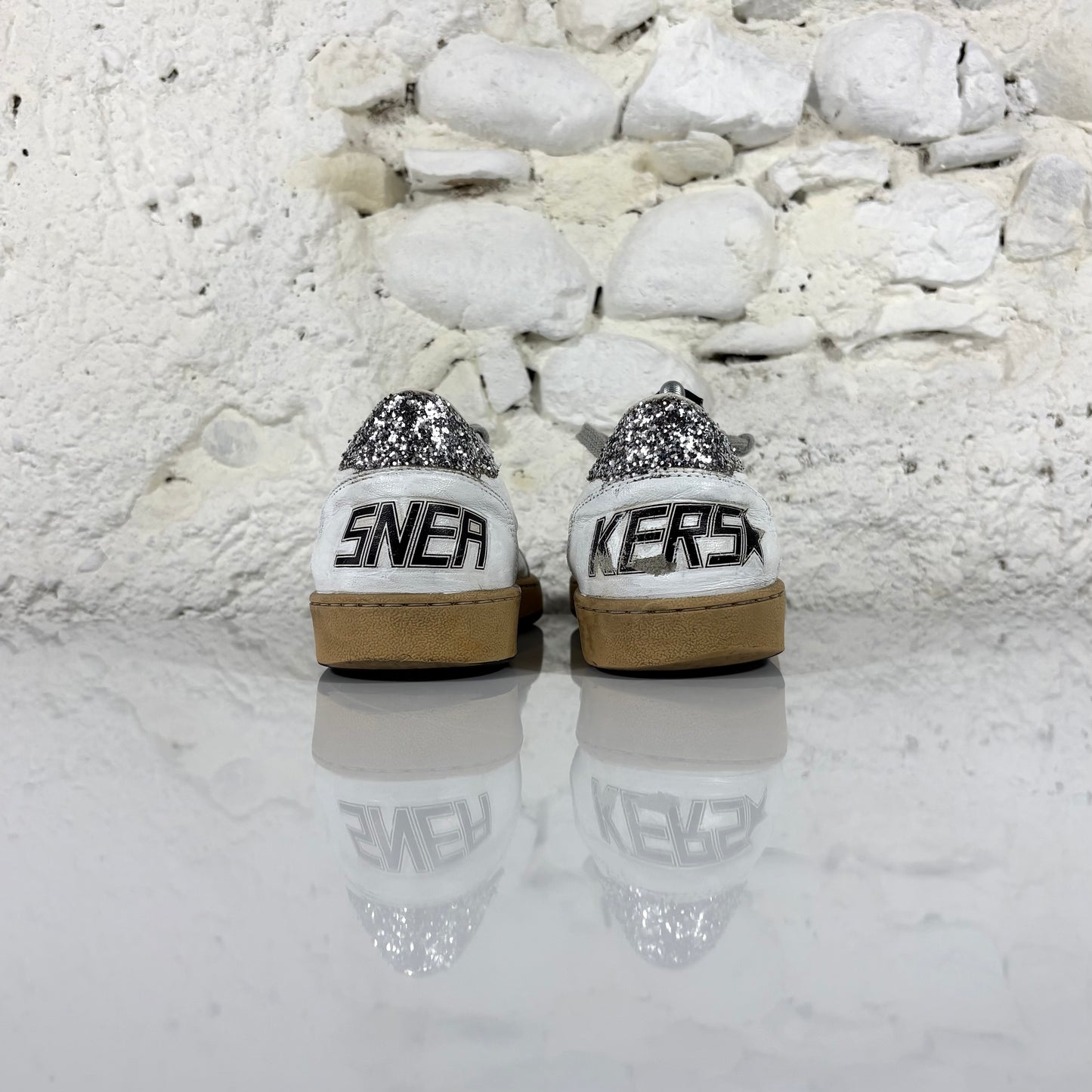 Golden goose Ballstar bianche con stella e talloncini argento con paillettes 38