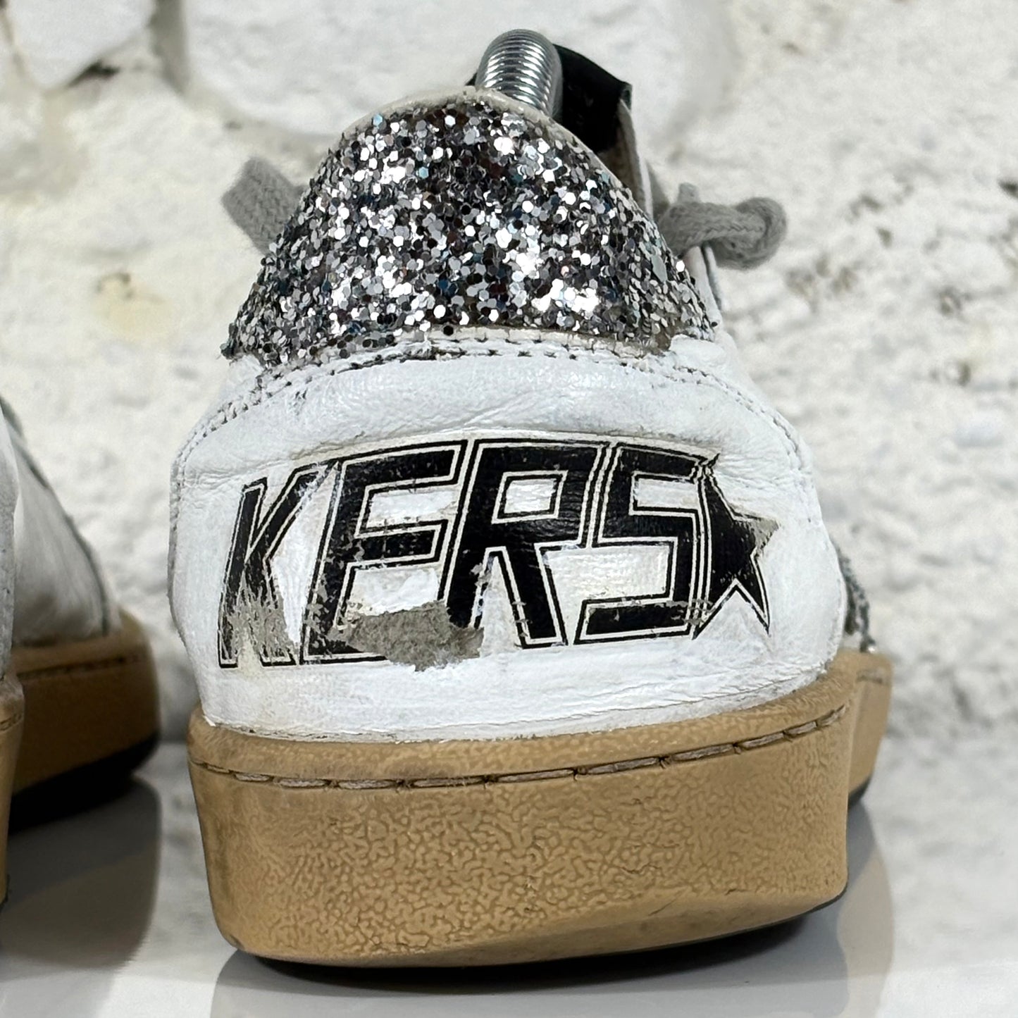 Golden goose Ballstar bianche con stella e talloncini argento con paillettes 38