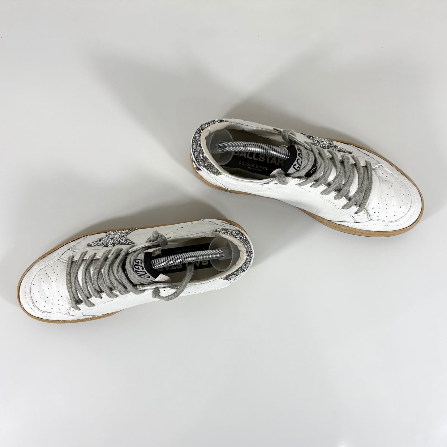 Golden goose Ballstar bianche con stella e talloncini argento con paillettes 38