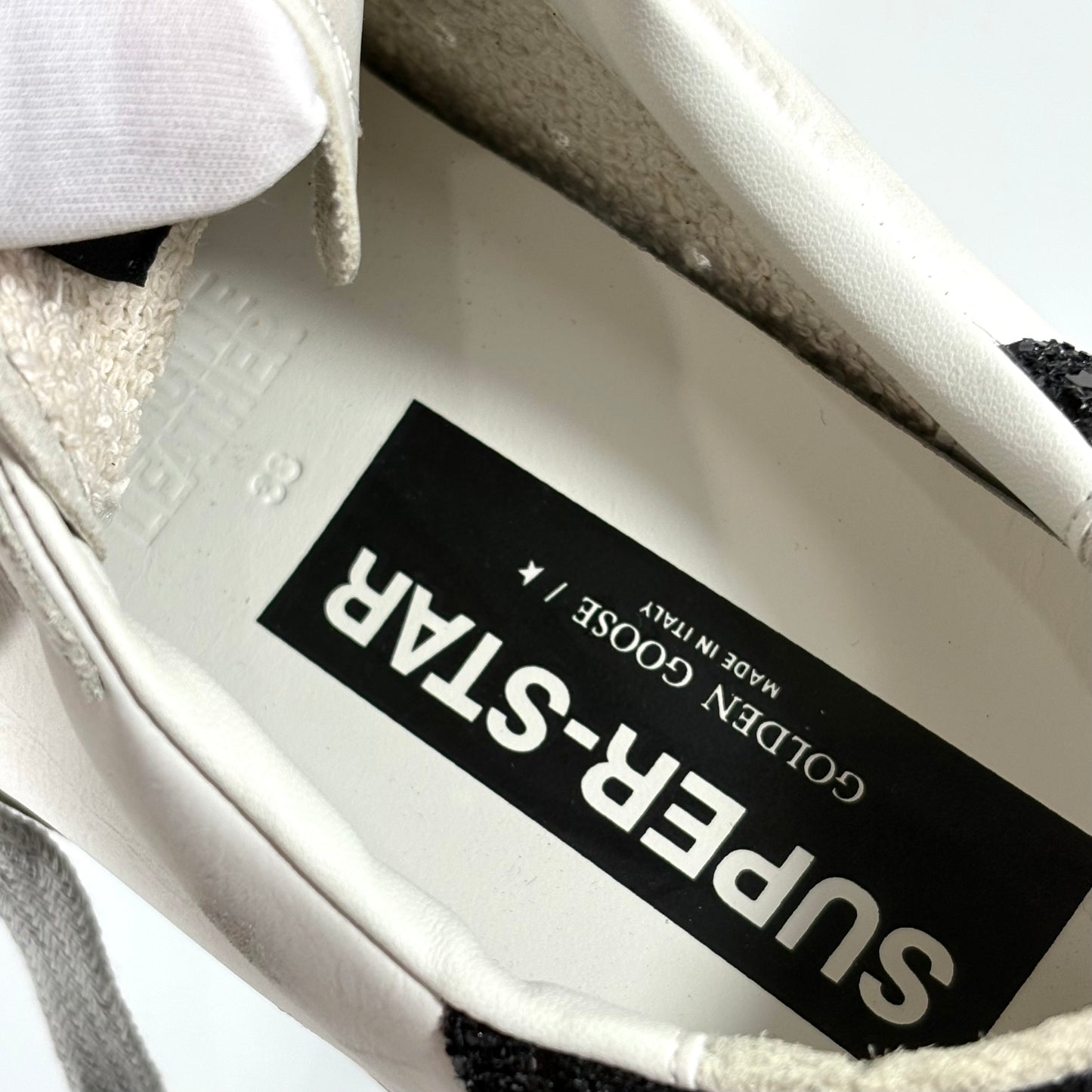 Golden goose Superstar bianche con stella dorata e talloncini neri con paillettes 38