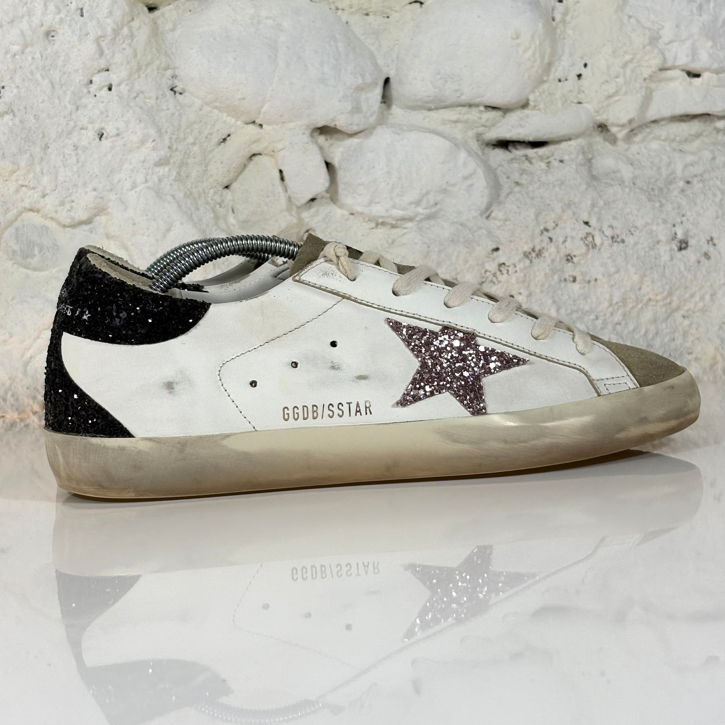 Golden goose Superstar bianche con stella argento e talloncini neri brillantanti 41
