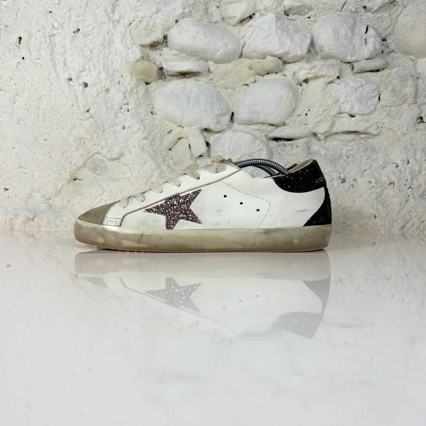Golden goose Superstar bianche con stella argento e talloncini neri brillantanti 41