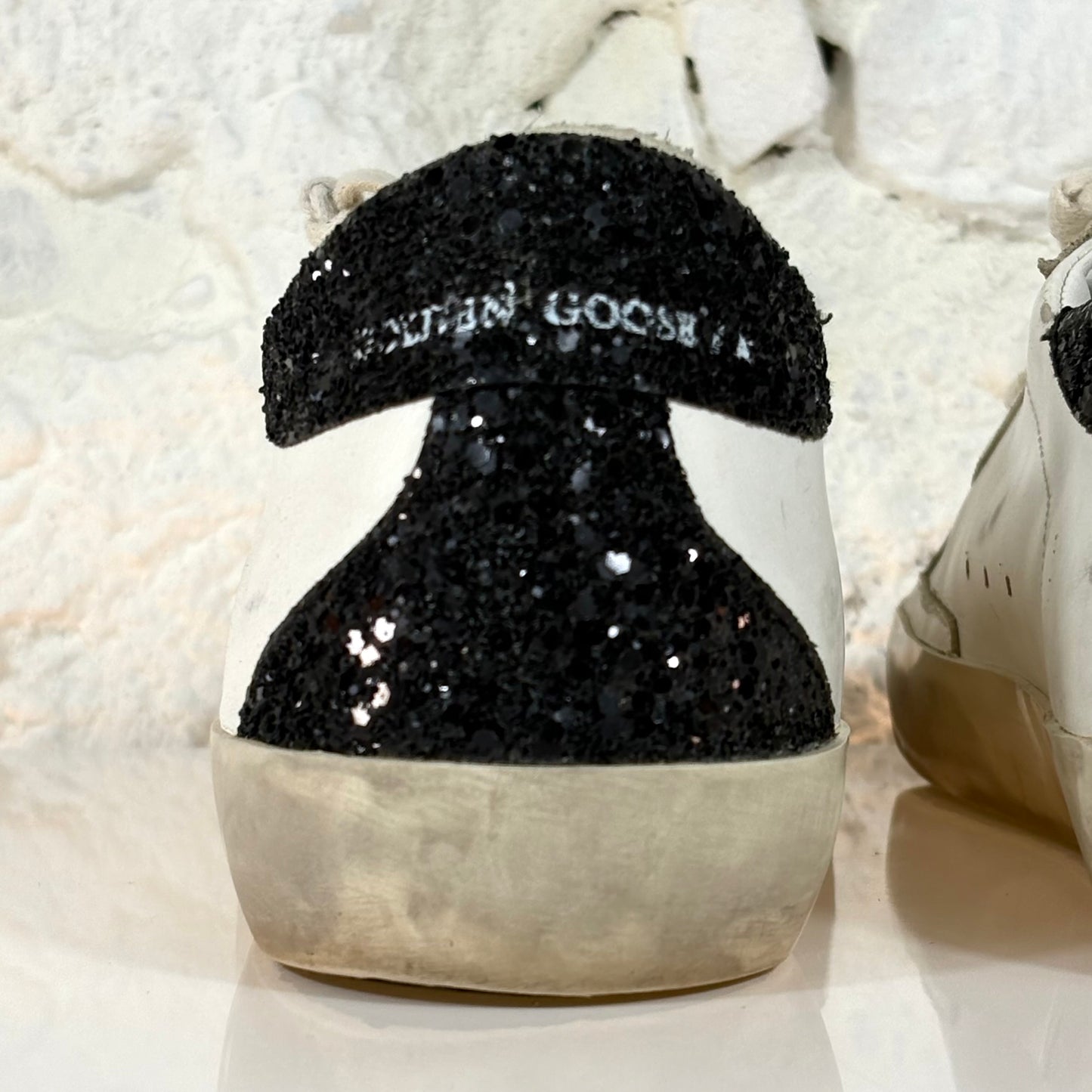Golden goose Superstar bianche con stella argento e talloncini neri brillantanti 41