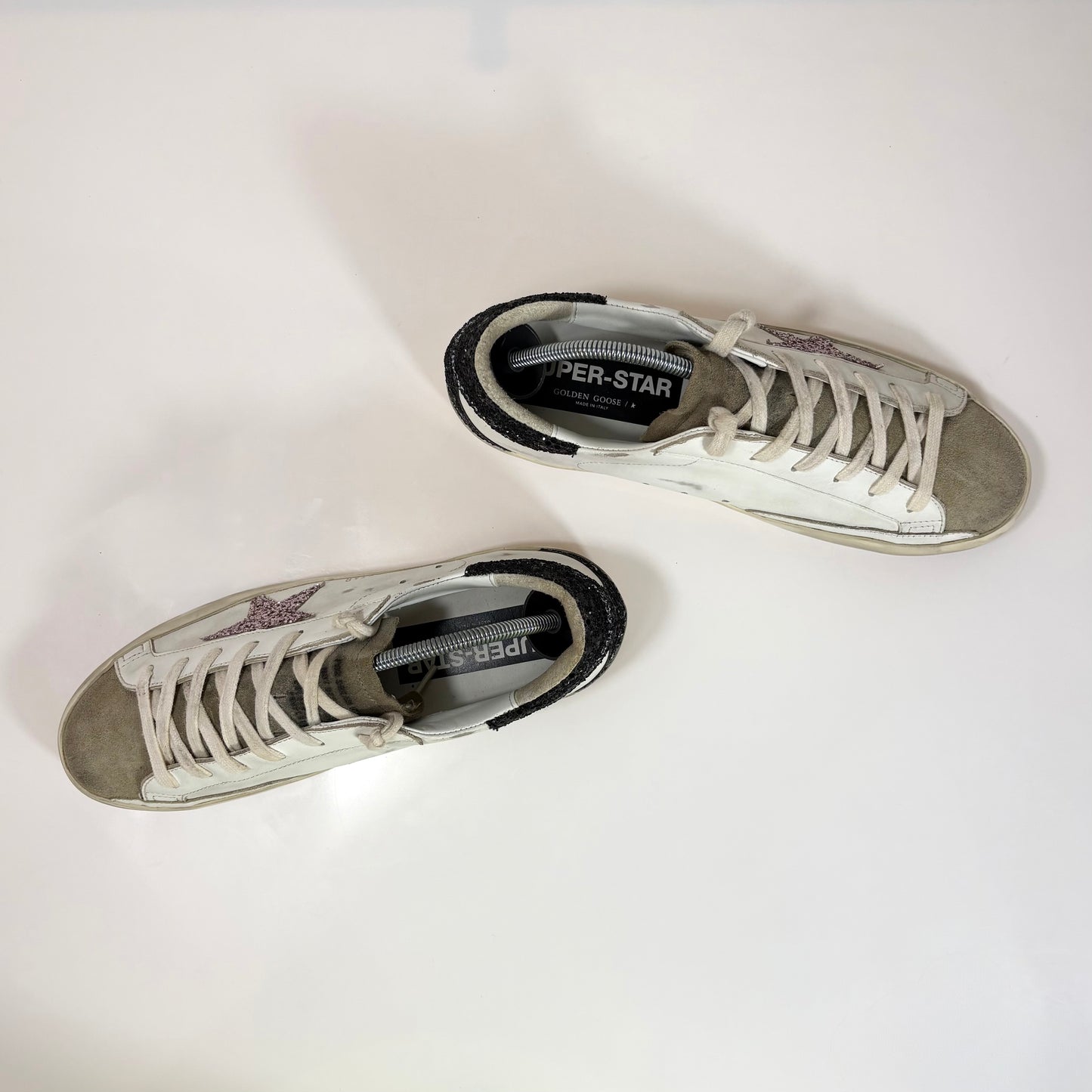 Golden goose Superstar bianche con stella argento e talloncini neri brillantanti 41