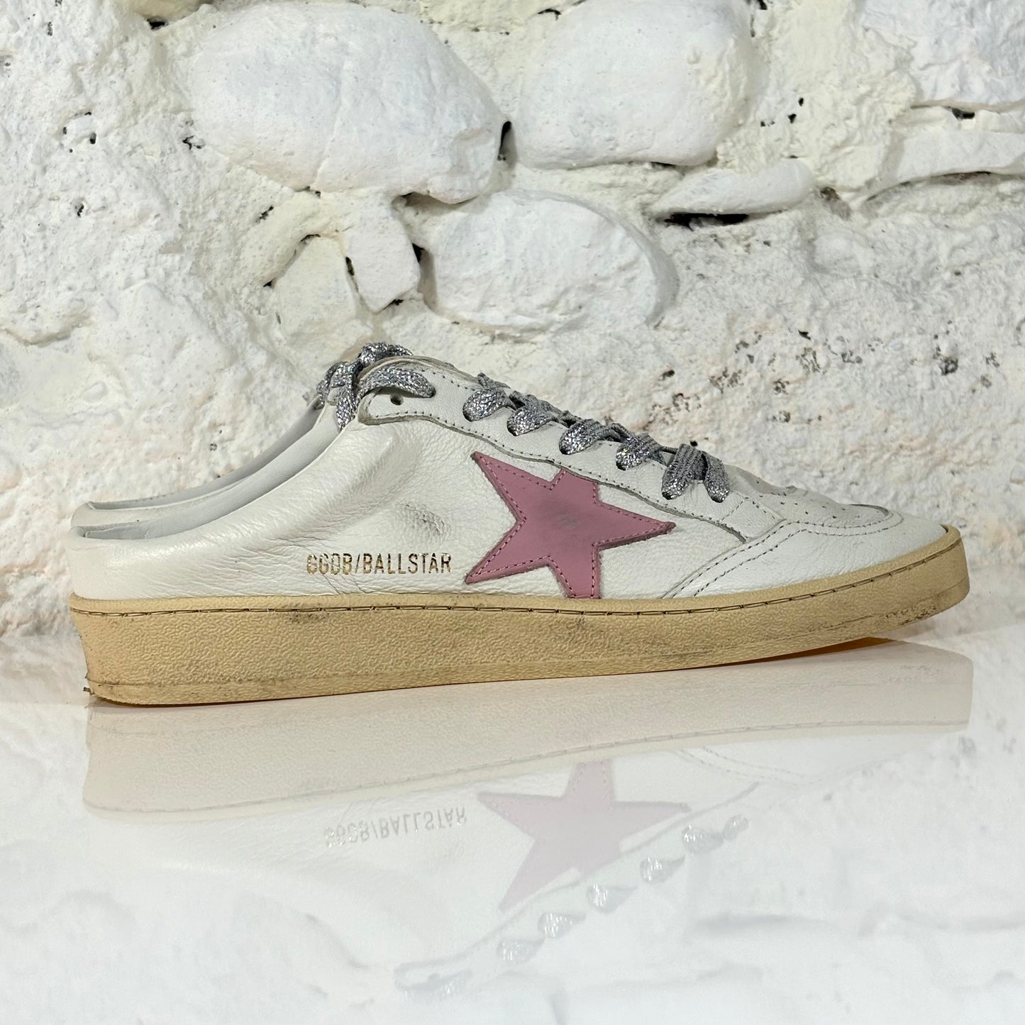 Golden goose Ballstar sabot bianche con stella rosa e lacci glitterati argento 39