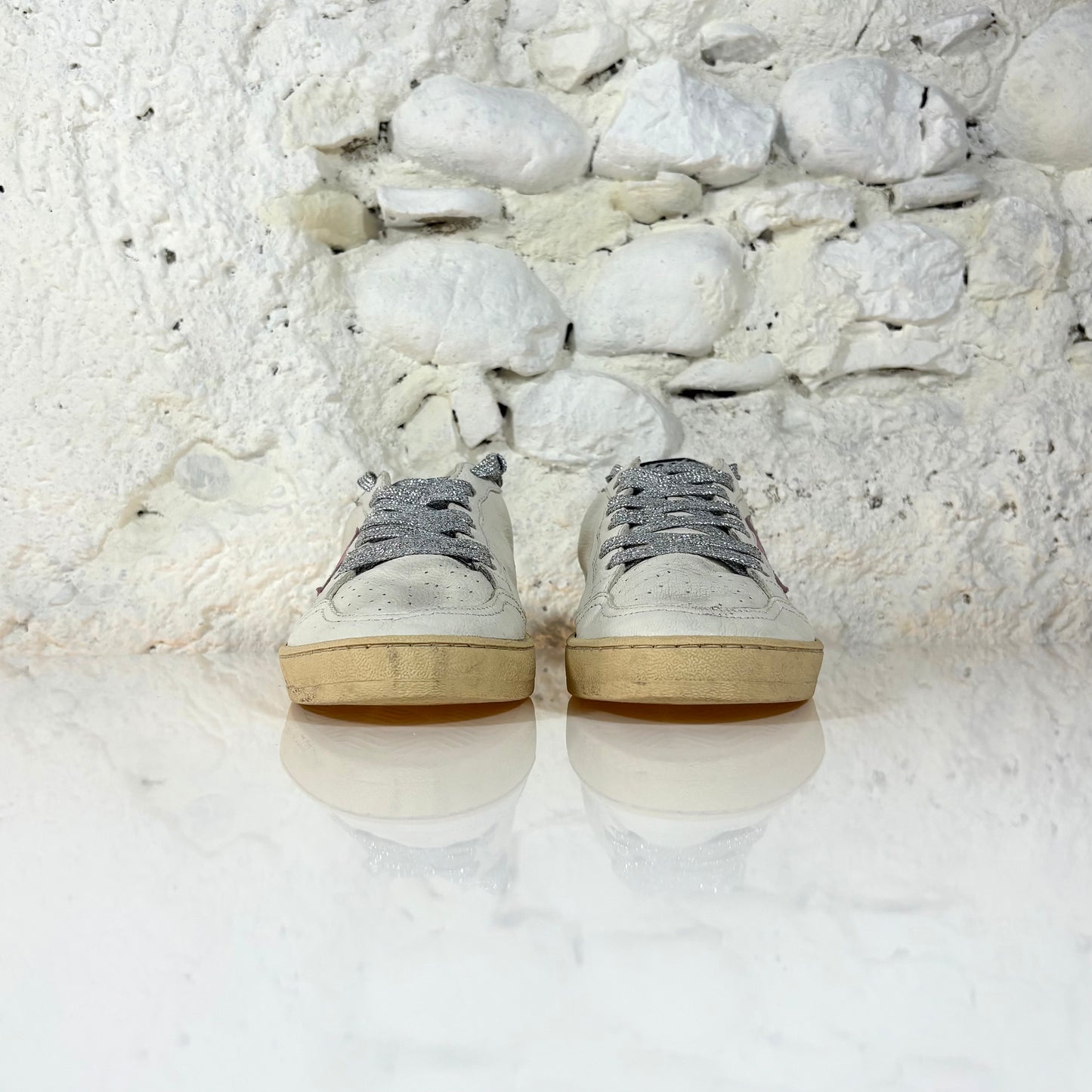 Golden goose Ballstar sabot bianche con stella rosa e lacci glitterati argento 39
