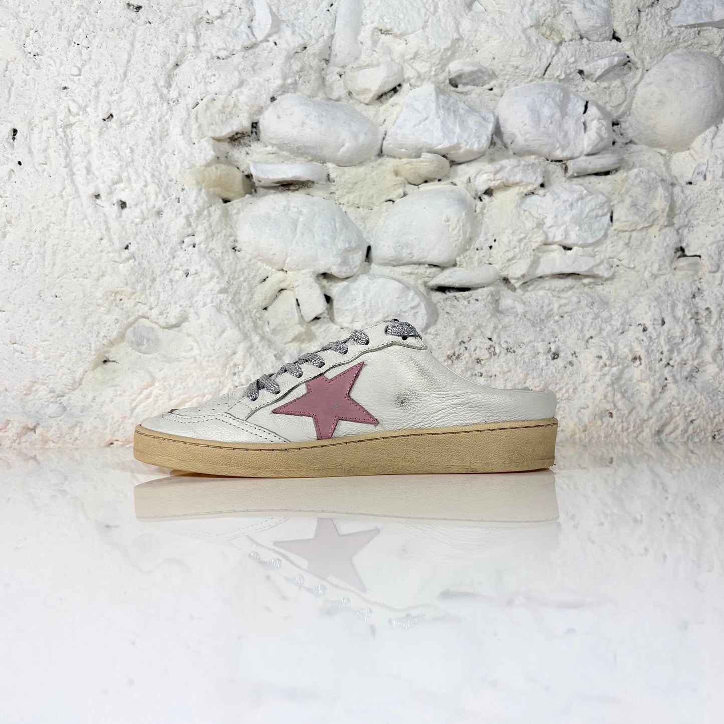 Golden goose Ballstar sabot bianche con stella rosa e lacci glitterati argento 39