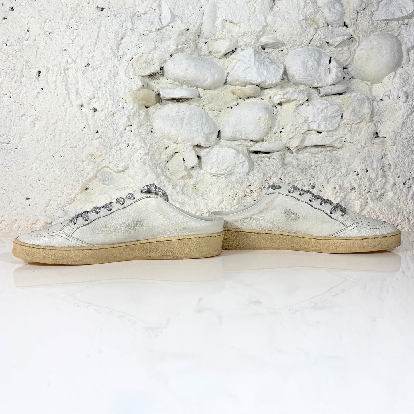 Golden goose Ballstar sabot bianche con stella rosa e lacci glitterati argento 39