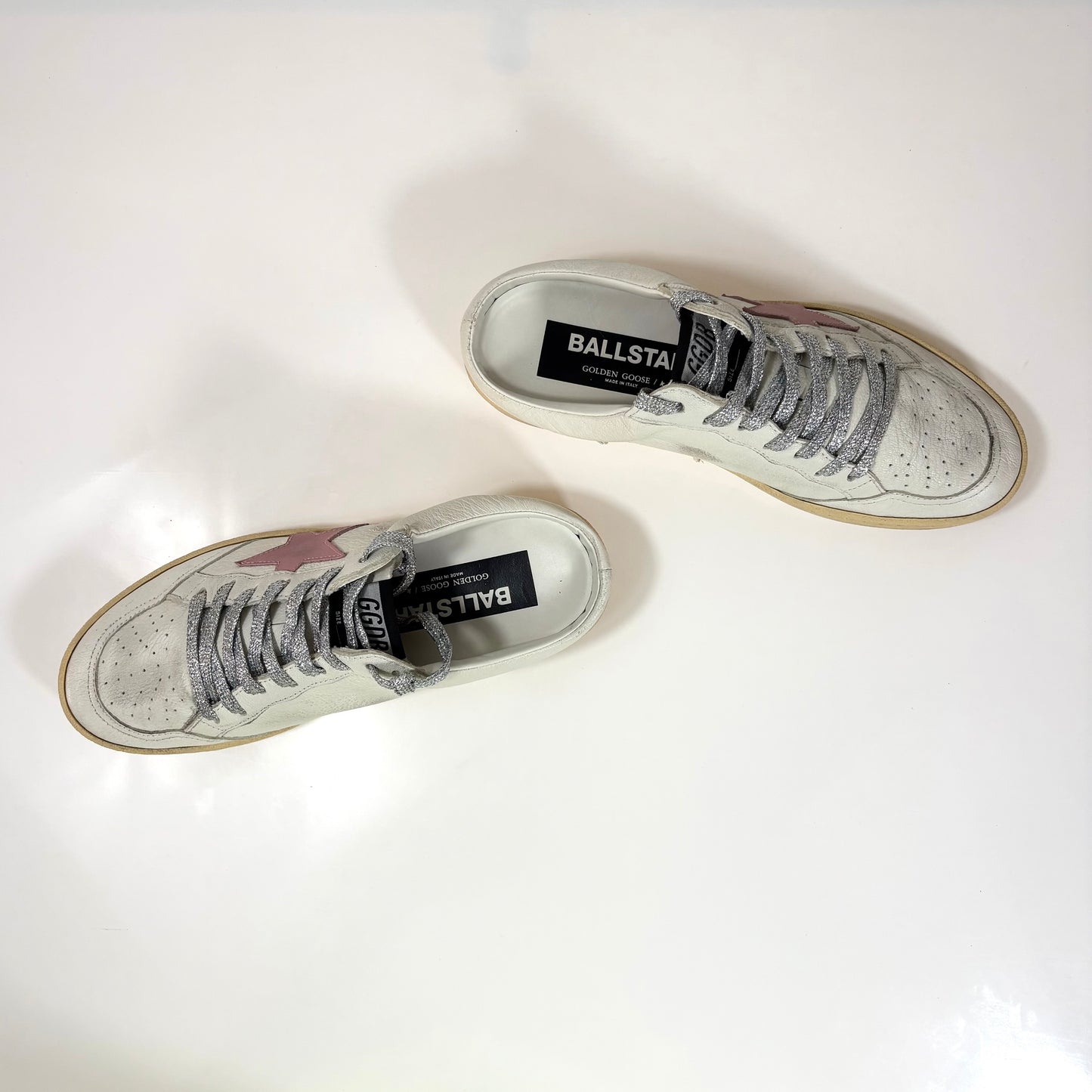 Golden goose Ballstar sabot bianche con stella rosa e lacci glitterati argento 39