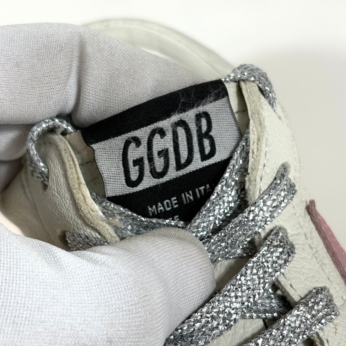 Golden goose Ballstar sabot bianche con stella rosa e lacci glitterati argento 39