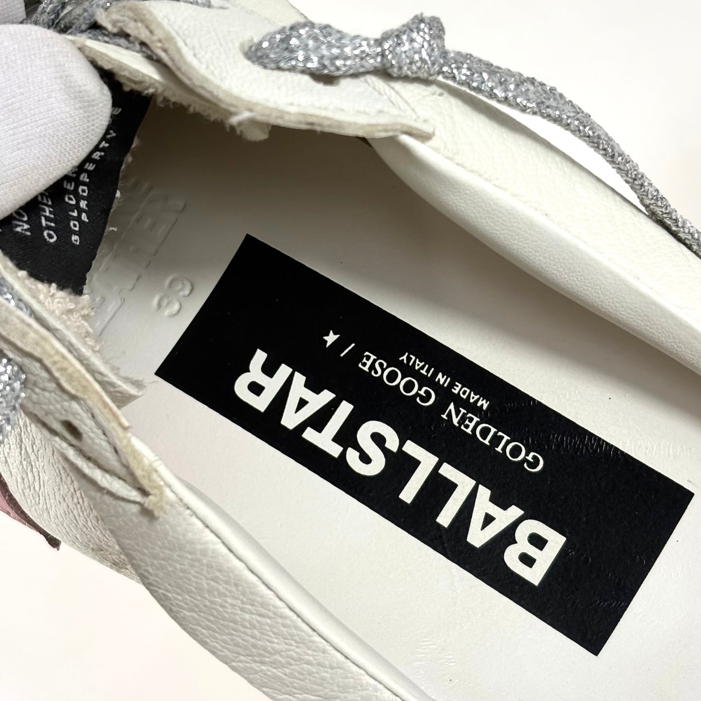 Golden goose Ballstar sabot bianche con stella rosa e lacci glitterati argento 39