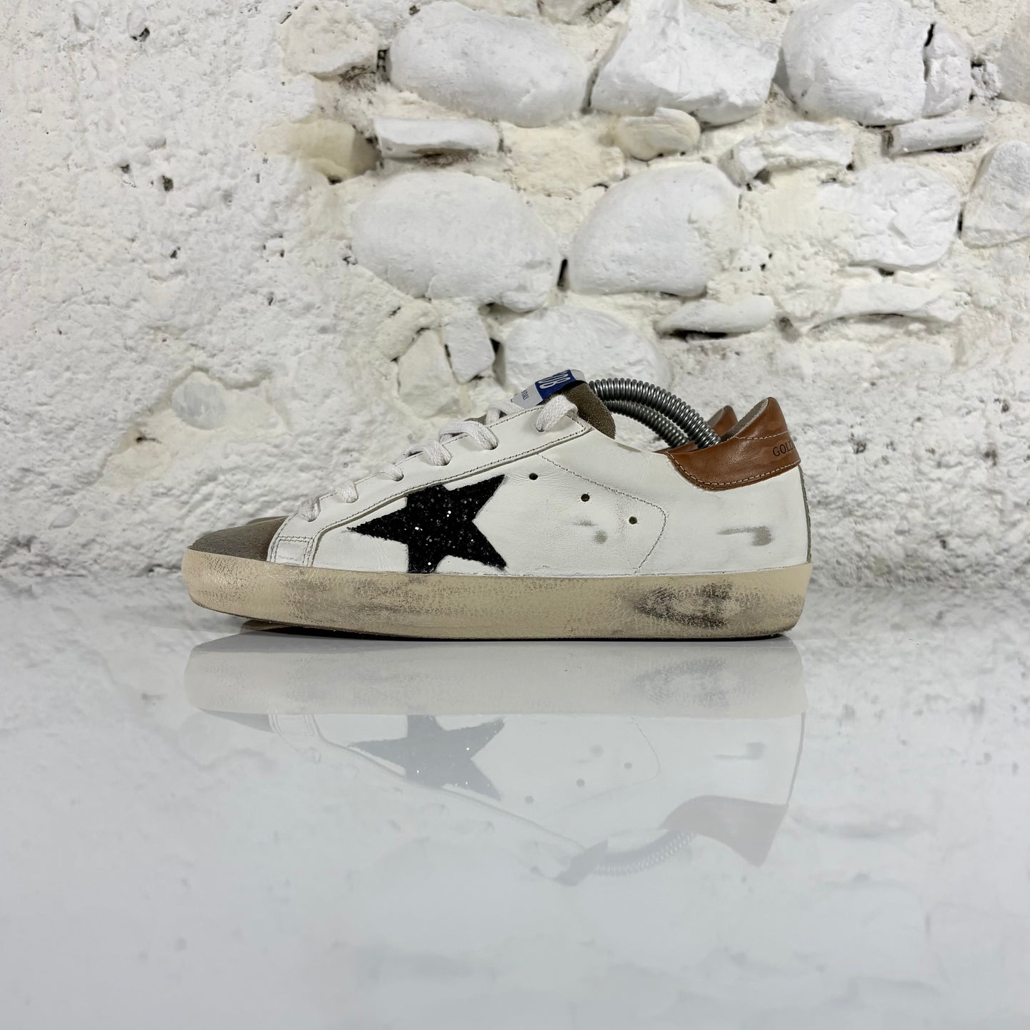 Golden goose Superstar bianche con stella nera glitterata e talloncini marroni 36