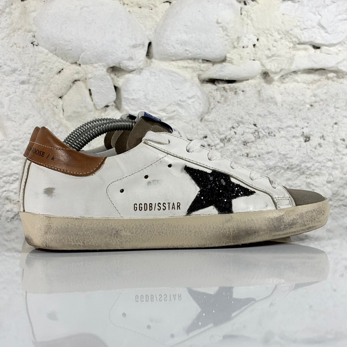 Golden goose Superstar bianche con stella nera glitterata e talloncini marroni 36