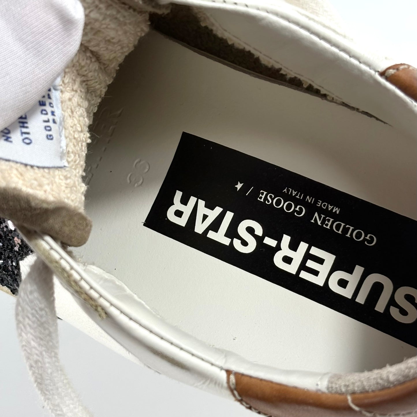 Golden goose Superstar bianche con stella nera glitterata e talloncini marroni 36