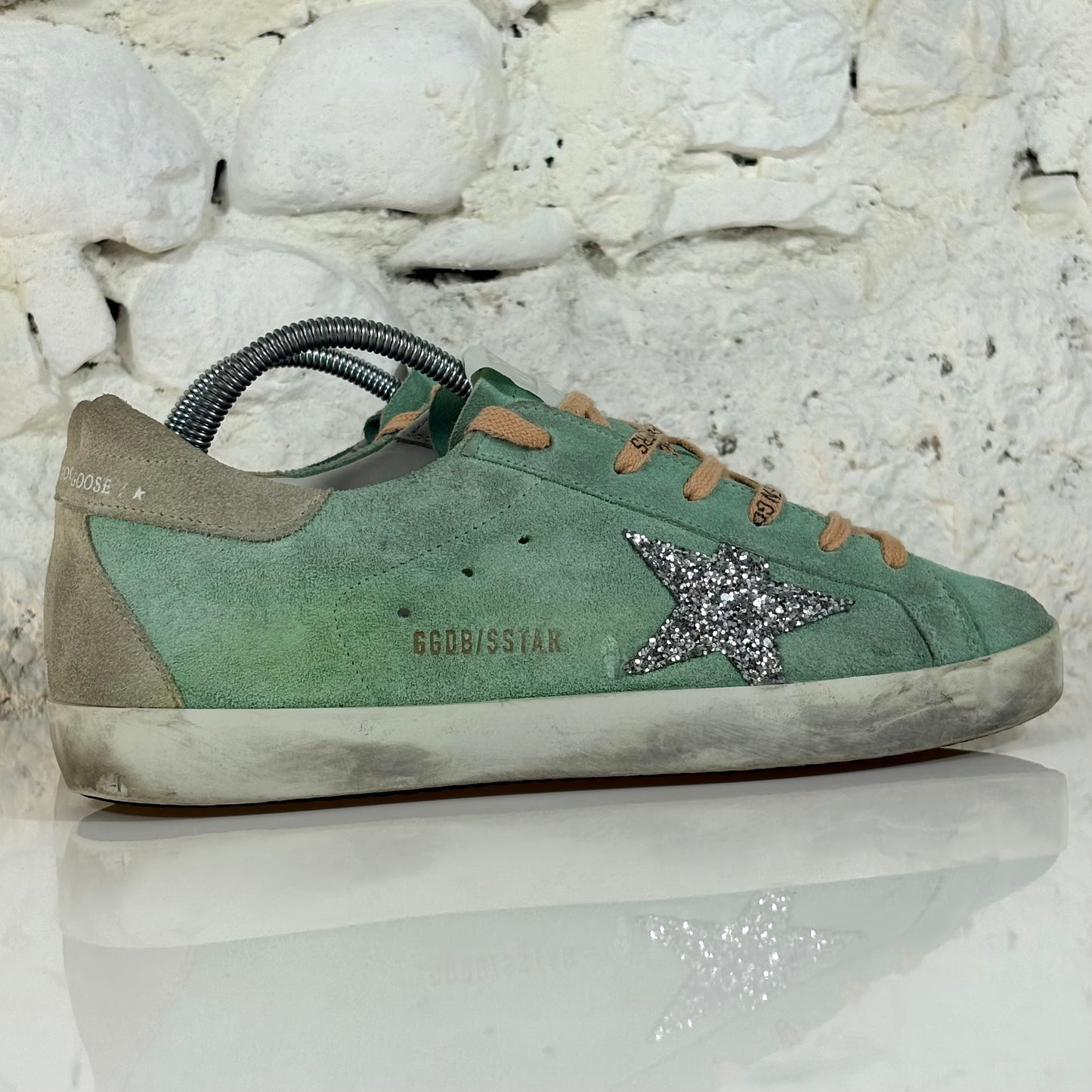 Golden goose Superstar verdi con talloncini tortora e stella argento glitter 39