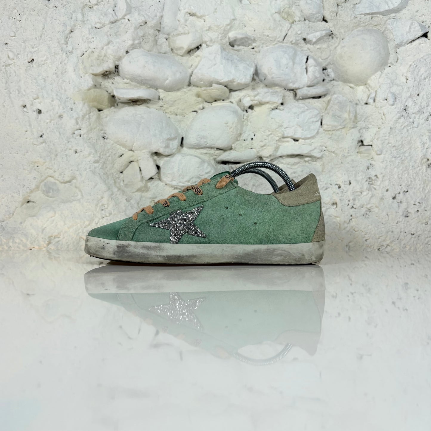 Golden goose Superstar verdi con talloncini tortora e stella argento glitter 39