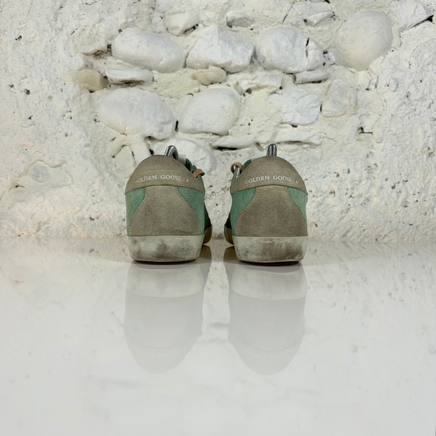 Golden goose Superstar verdi con talloncini tortora e stella argento glitter 39
